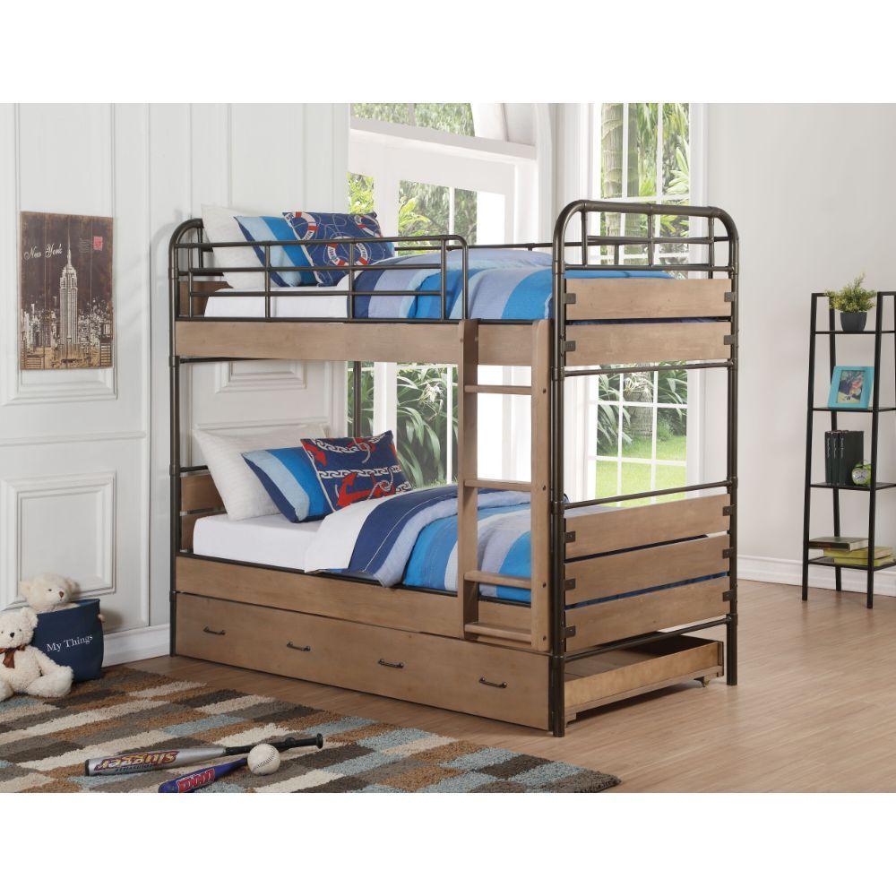 ACME Adams Twin over Twin Bunk Bed and Twin Size Trundle  - Antique Oak and Gunmetal image