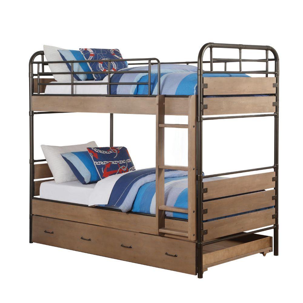 ACME Adams Twin over Twin Bunk Bed and Twin Size Trundle  - Antique Oak and Gunmetal