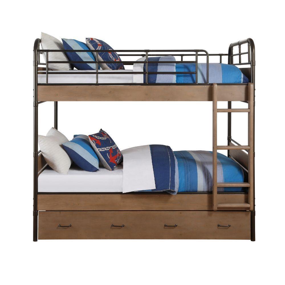 ACME Adams Twin over Twin Bunk Bed and Twin Size Trundle  - Antique Oak and Gunmetal