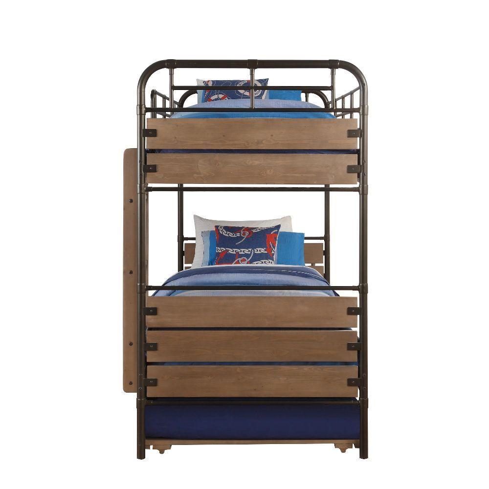 ACME Adams Twin over Twin Bunk Bed and Twin Size Trundle  - Antique Oak and Gunmetal