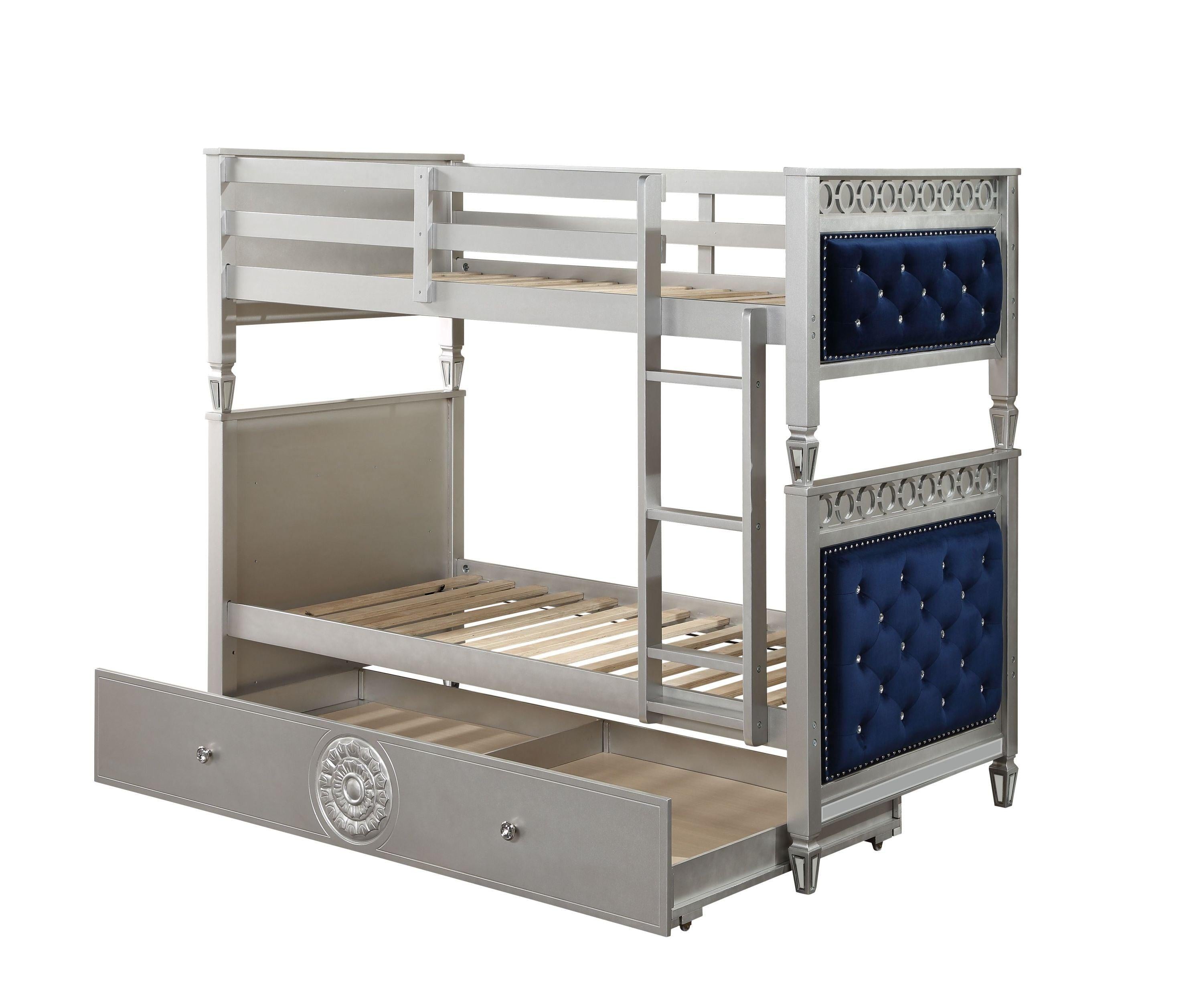 ACME Varian Twin over Twin Bunk Bed - Blue Velvet and Silver