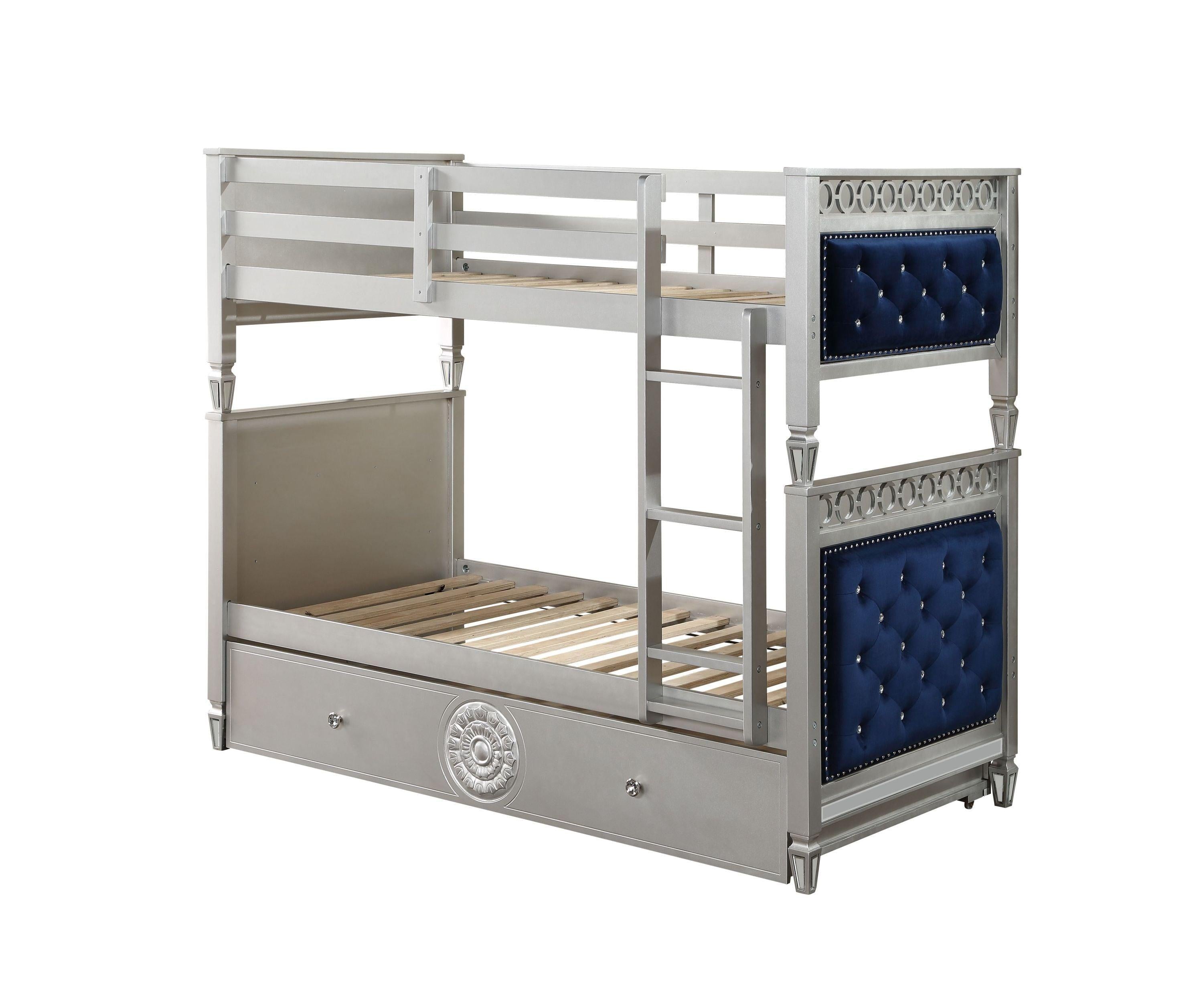 ACME Varian Twin over Twin Bunk Bed - Blue Velvet and Silver