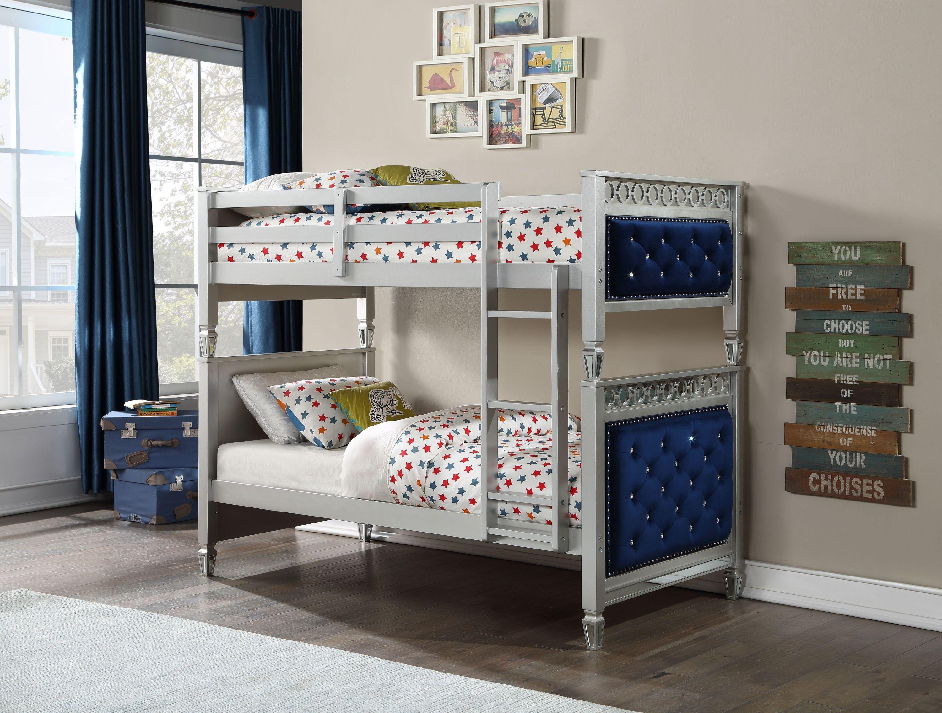 ACME Varian Twin over Twin Bunk Bed - Blue Velvet and Silver image