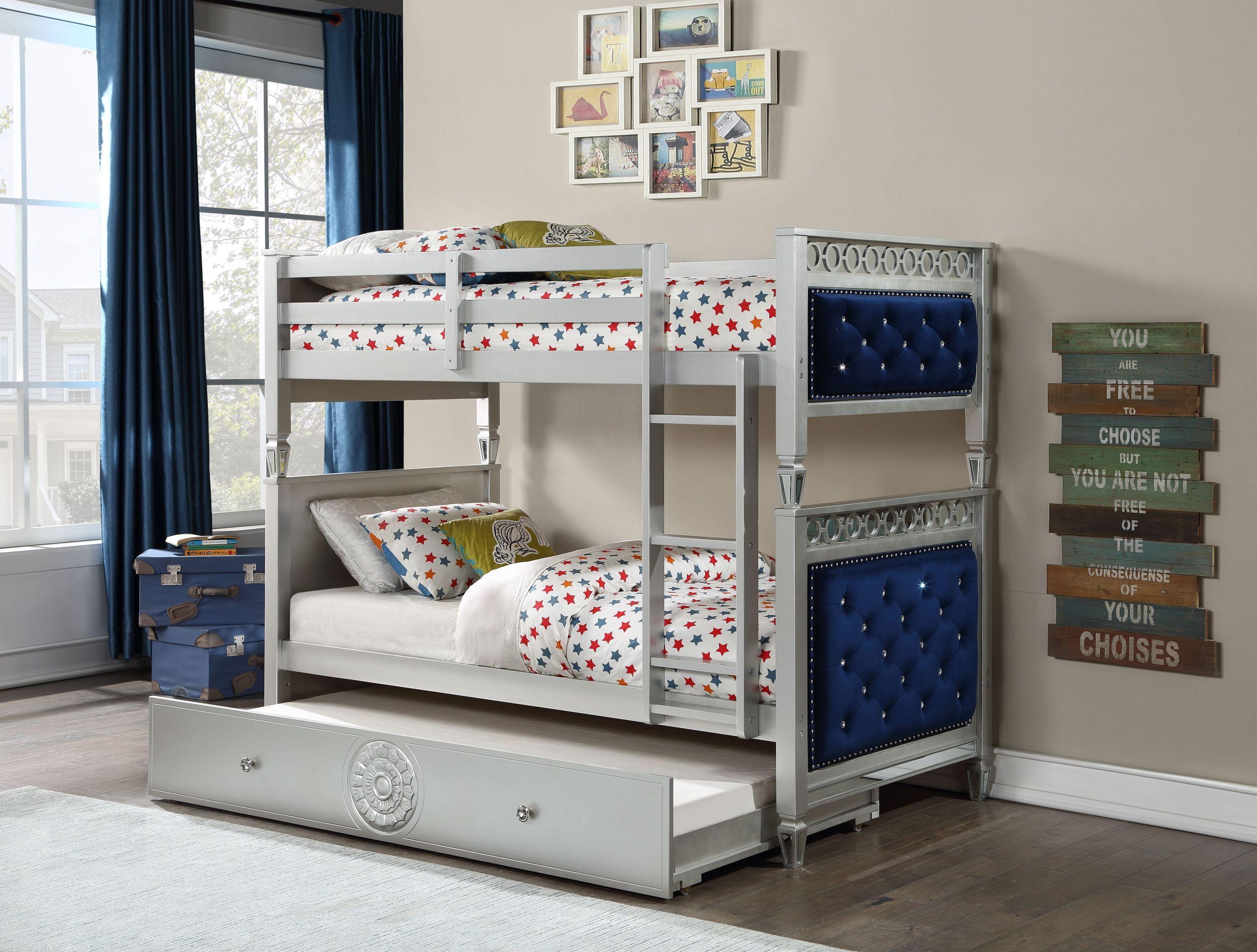 ACME Varian Twin over Twin Bunk Bed - Blue Velvet and Silver