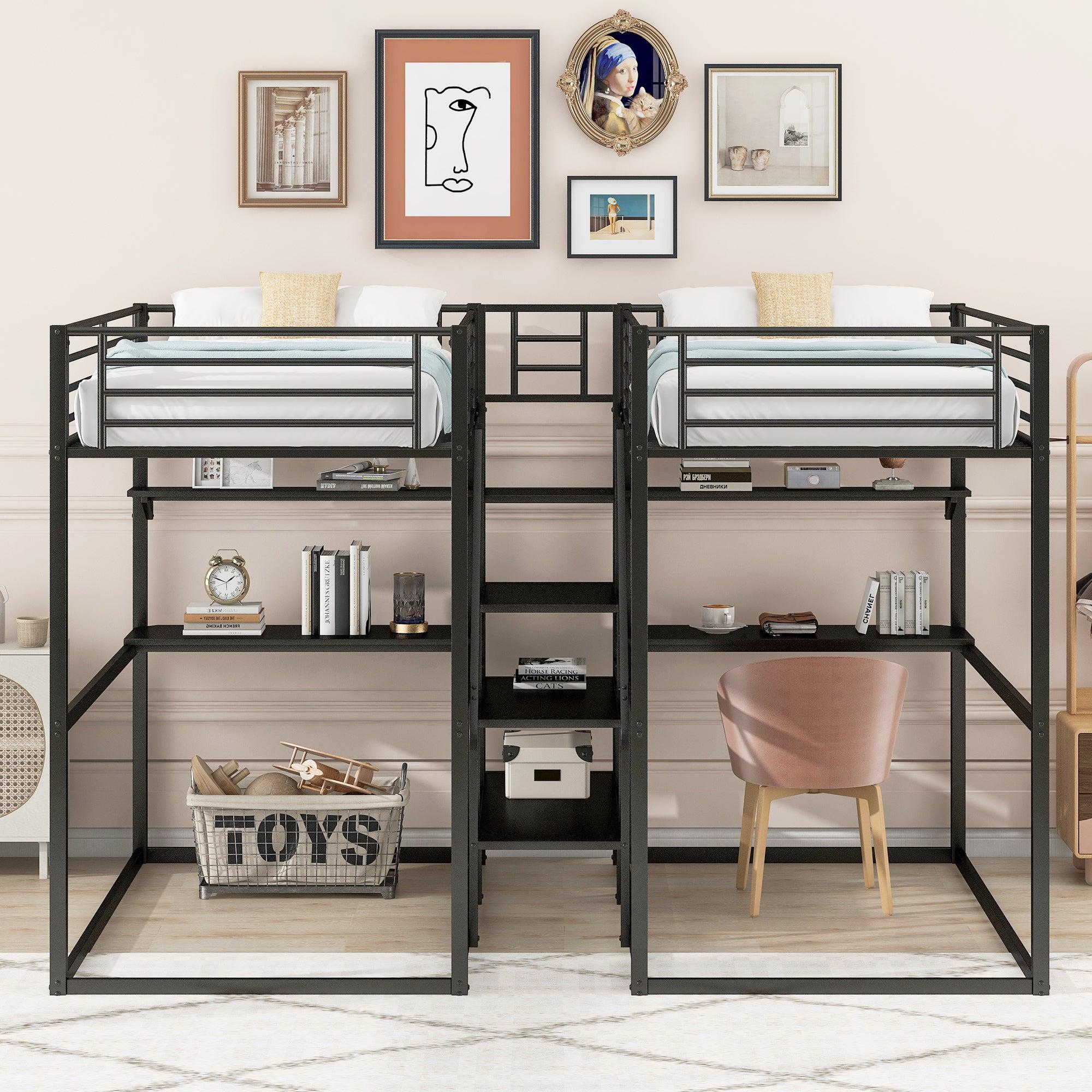 Double Twin over Twin Metal Bunk Bed with Desk Shelves andStorage Staircase - Black