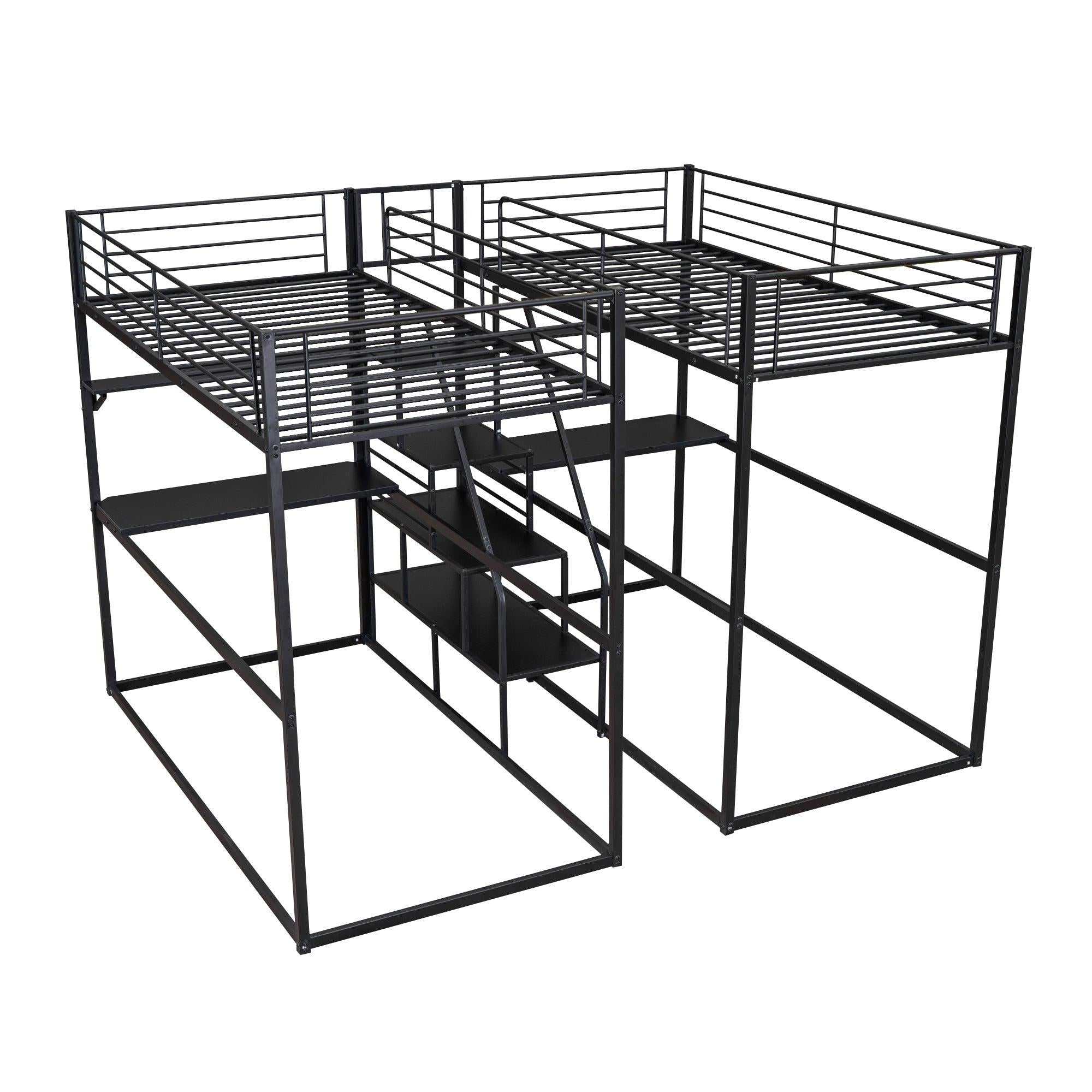 Double Twin over Twin Metal Bunk Bed with Desk Shelves andStorage Staircase - Black