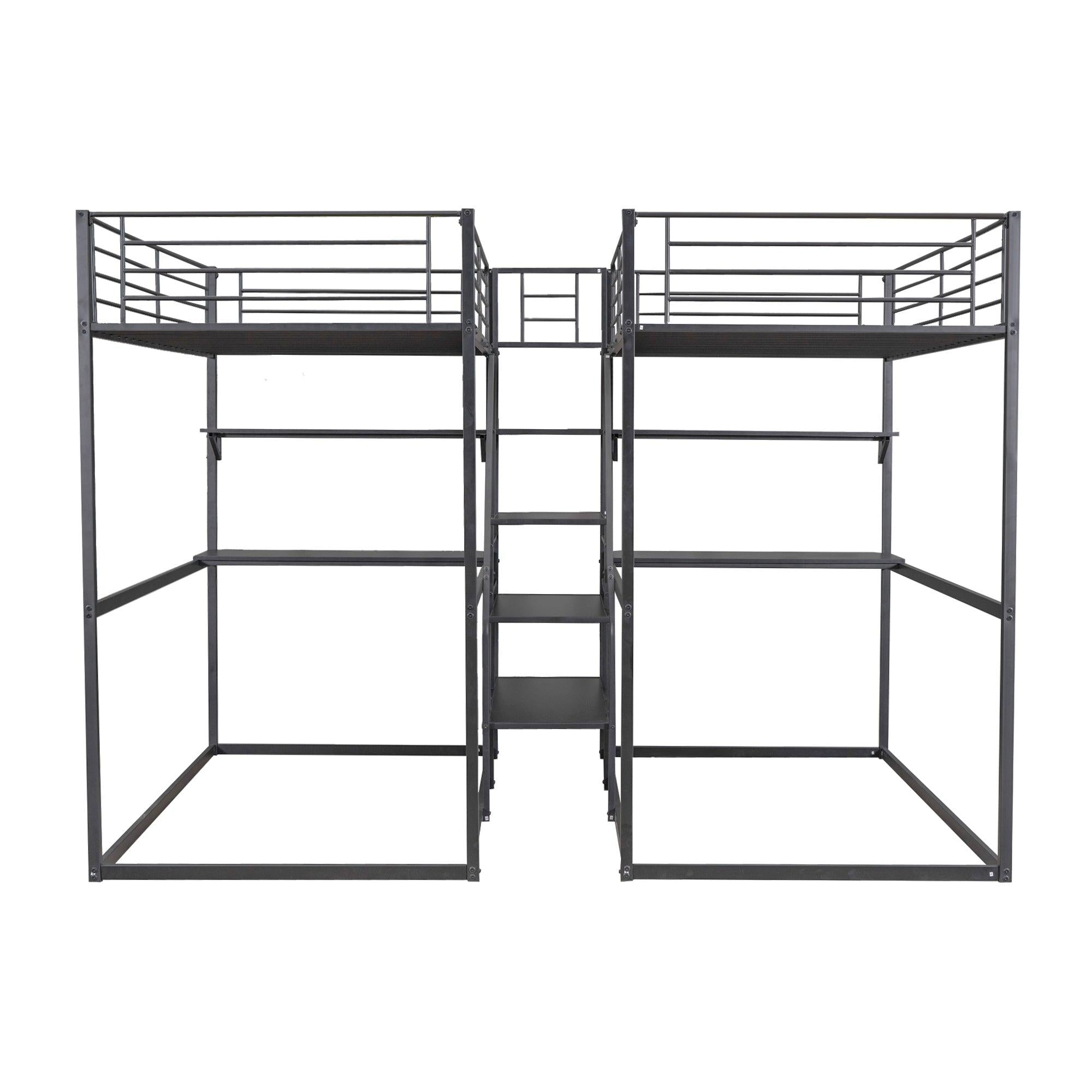 Double Twin over Twin Metal Bunk Bed with Desk Shelves andStorage Staircase - Black