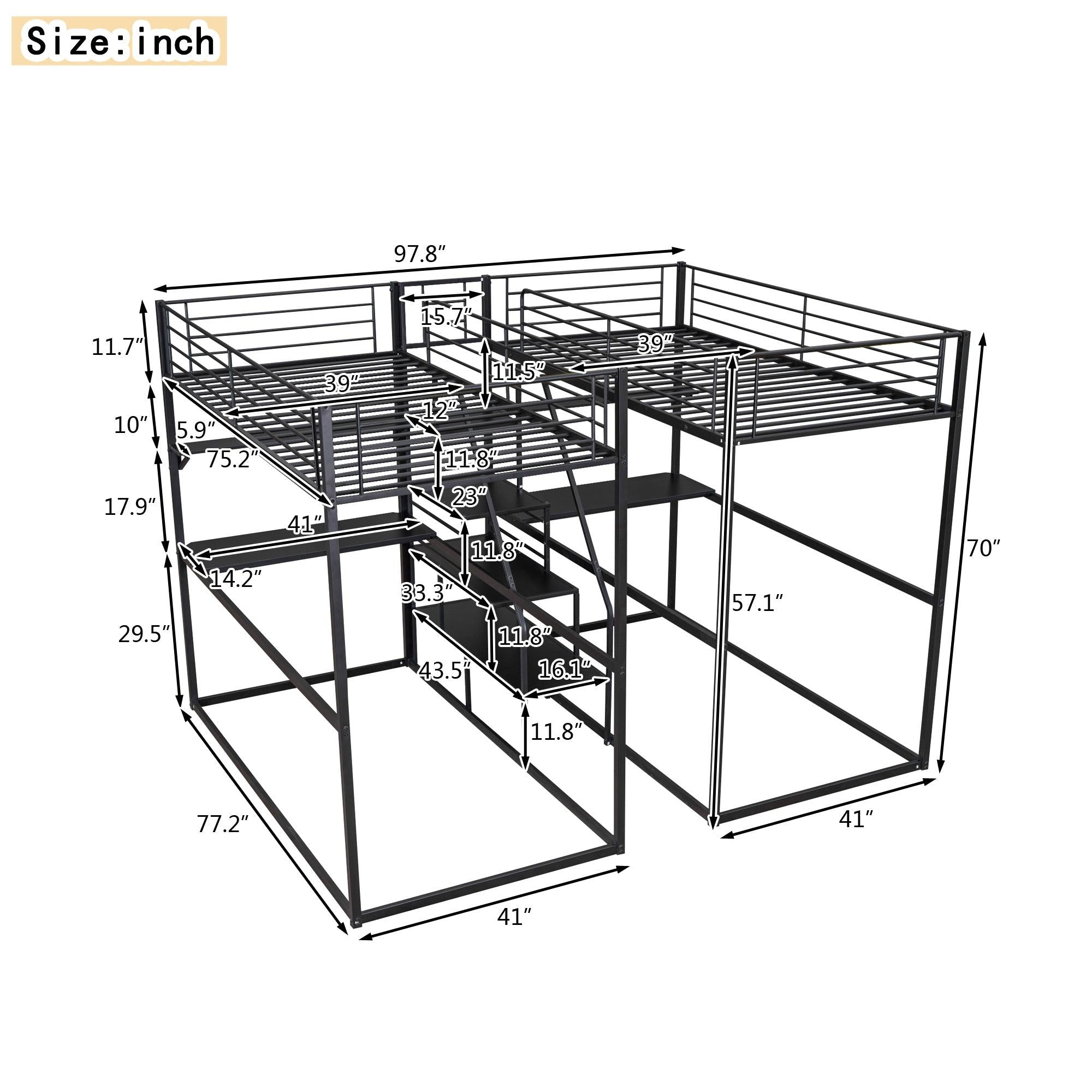 Double Twin over Twin Metal Bunk Bed with Desk Shelves andStorage Staircase - Black