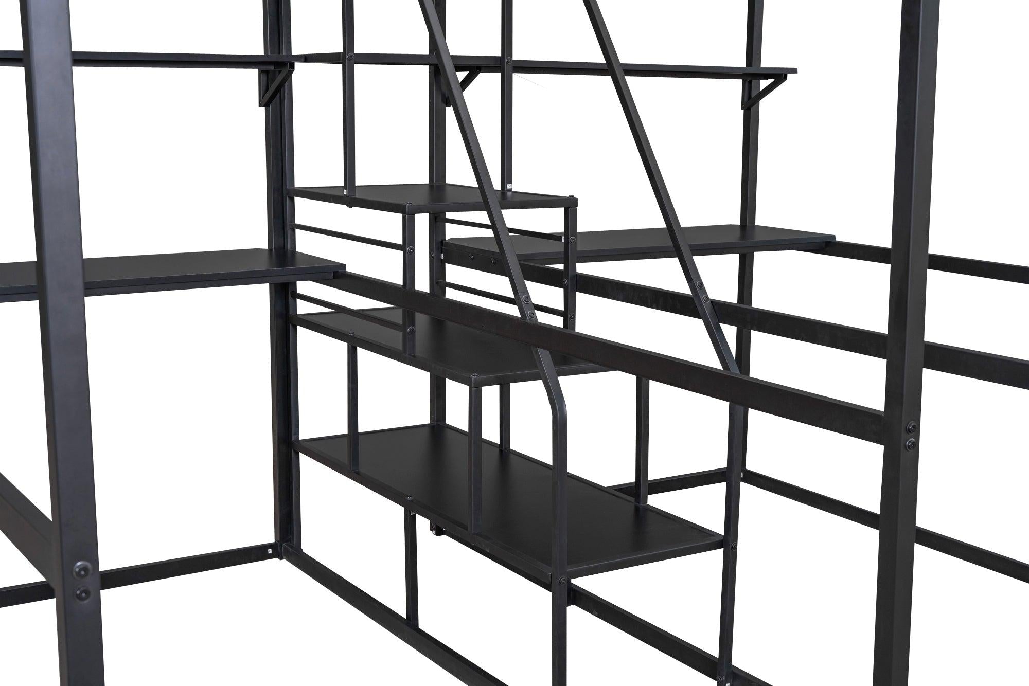 Double Twin over Twin Metal Bunk Bed with Desk Shelves andStorage Staircase - Black