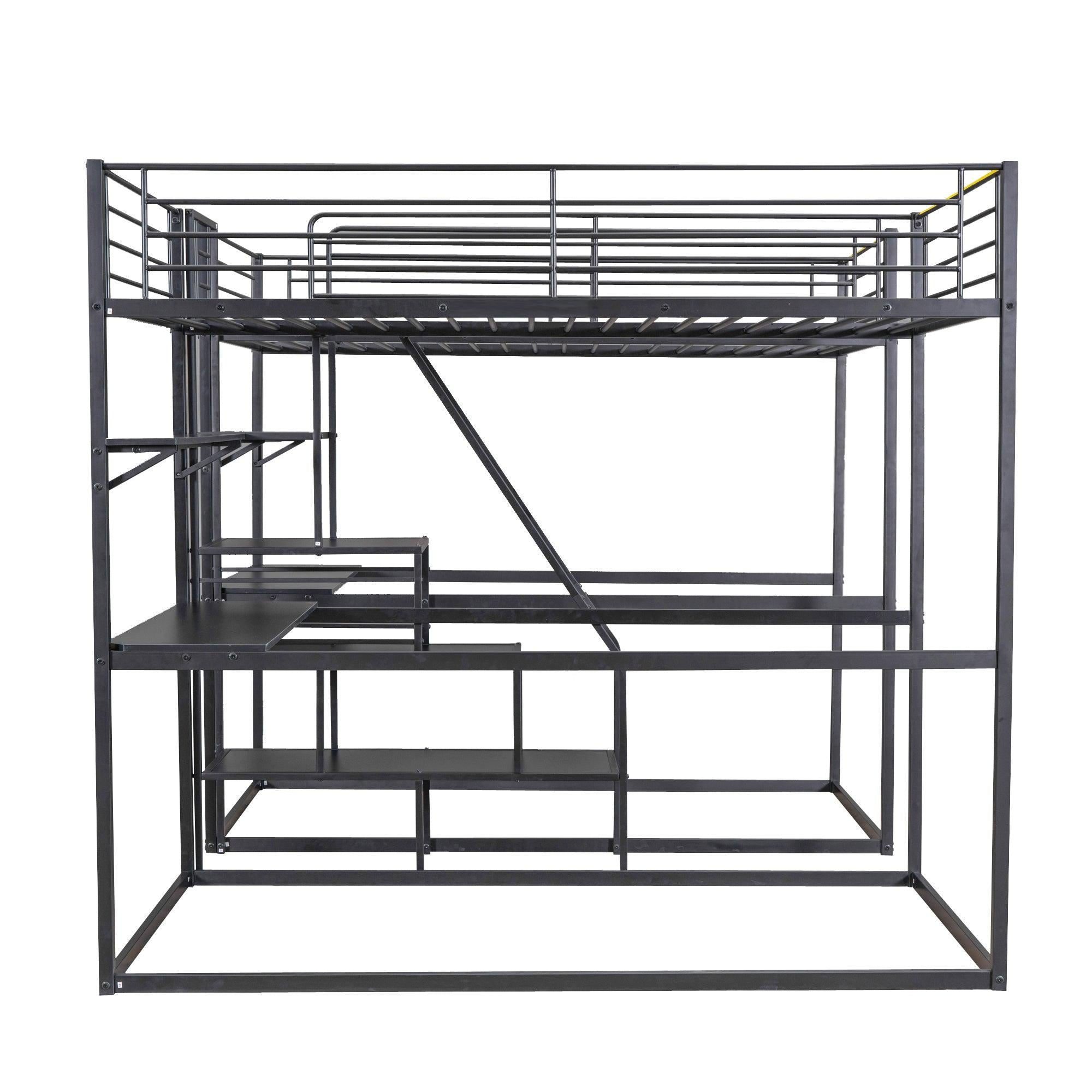 Double Twin over Twin Metal Bunk Bed with Desk Shelves andStorage Staircase - Black