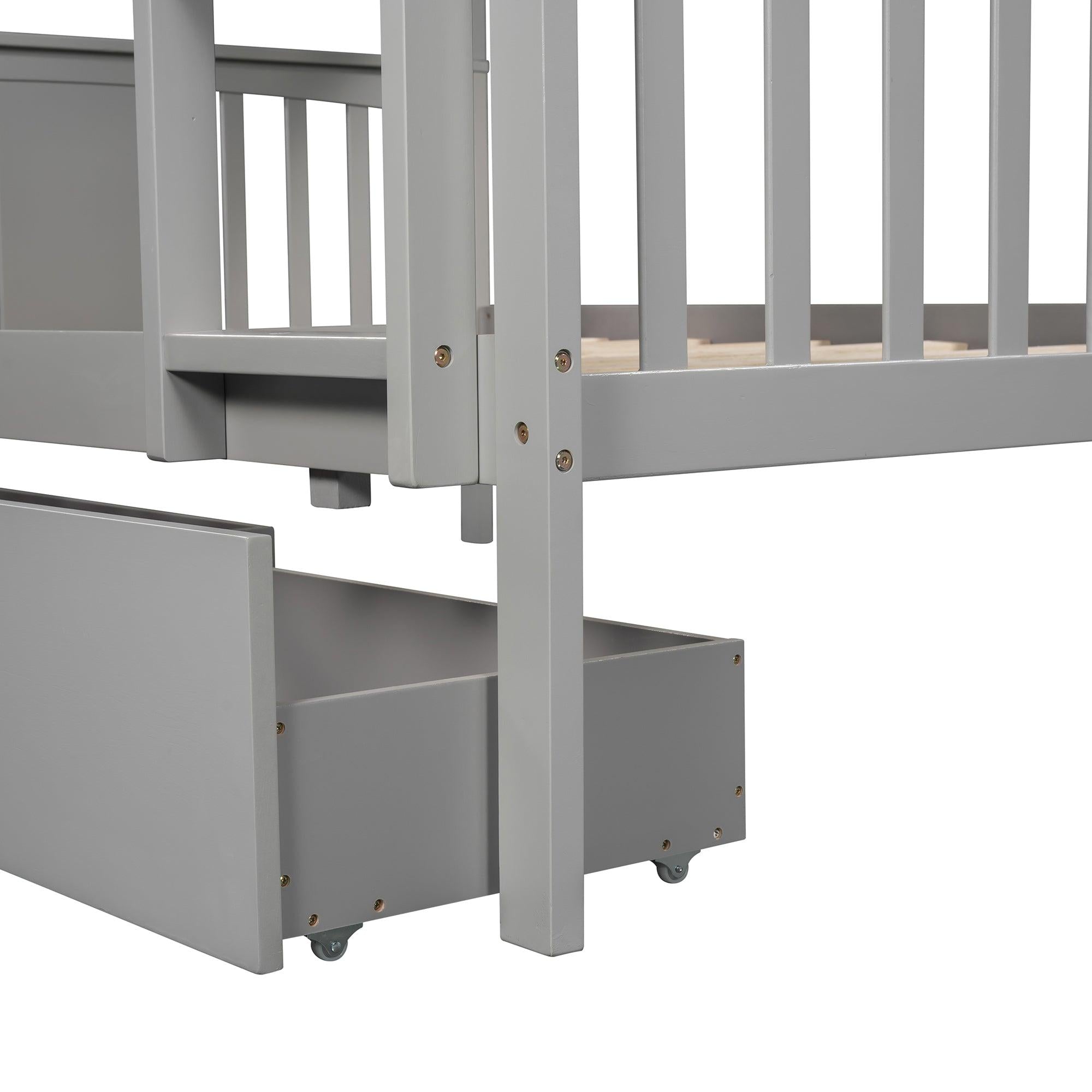 Full over Full Bunk Bed with Drawers and Ladder - Gray