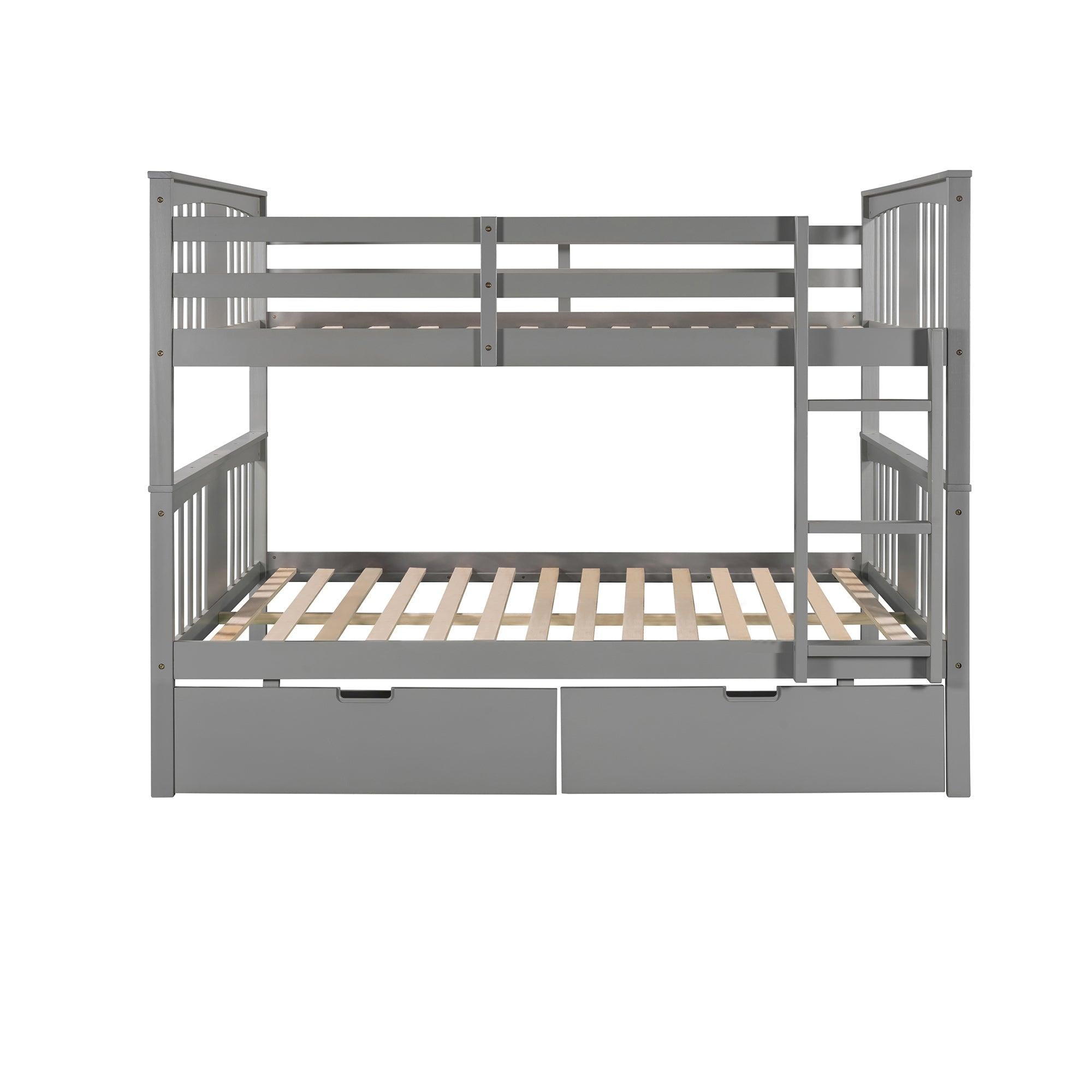 Full over Full Bunk Bed with Drawers and Ladder - Gray