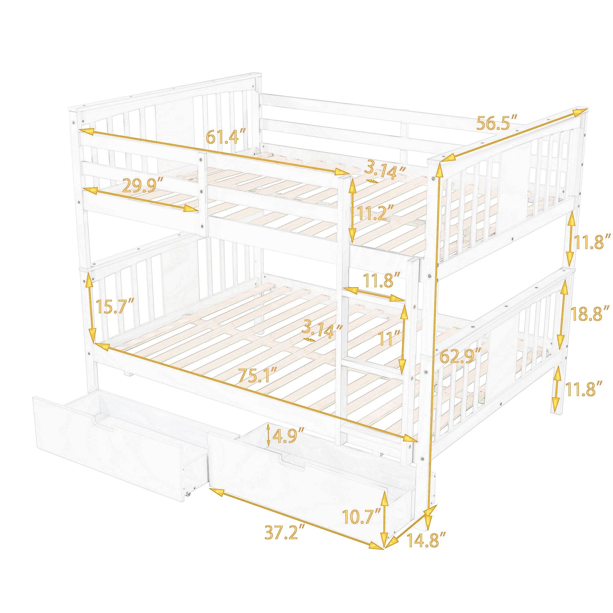 Full over Full Bunk Bed with Drawers and Ladder - Gray