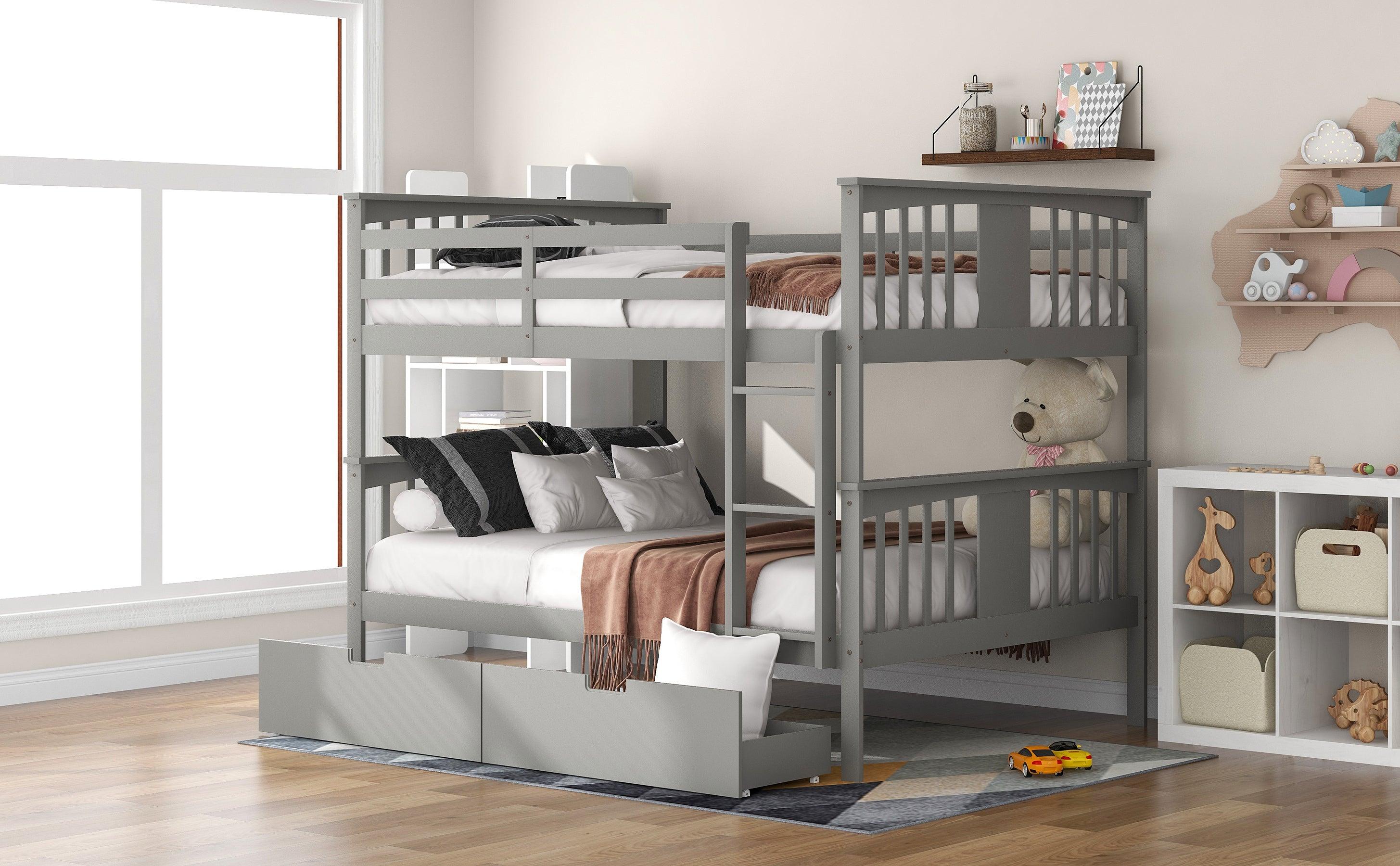 Full over Full Bunk Bed with Drawers and Ladder - Gray