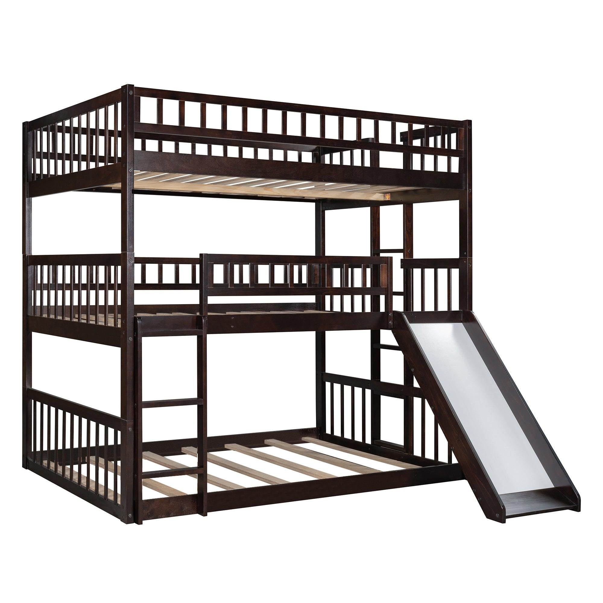 Full Over Full Over Full Triple Bunk Bed with Built-in Ladder and Slide - Espresso