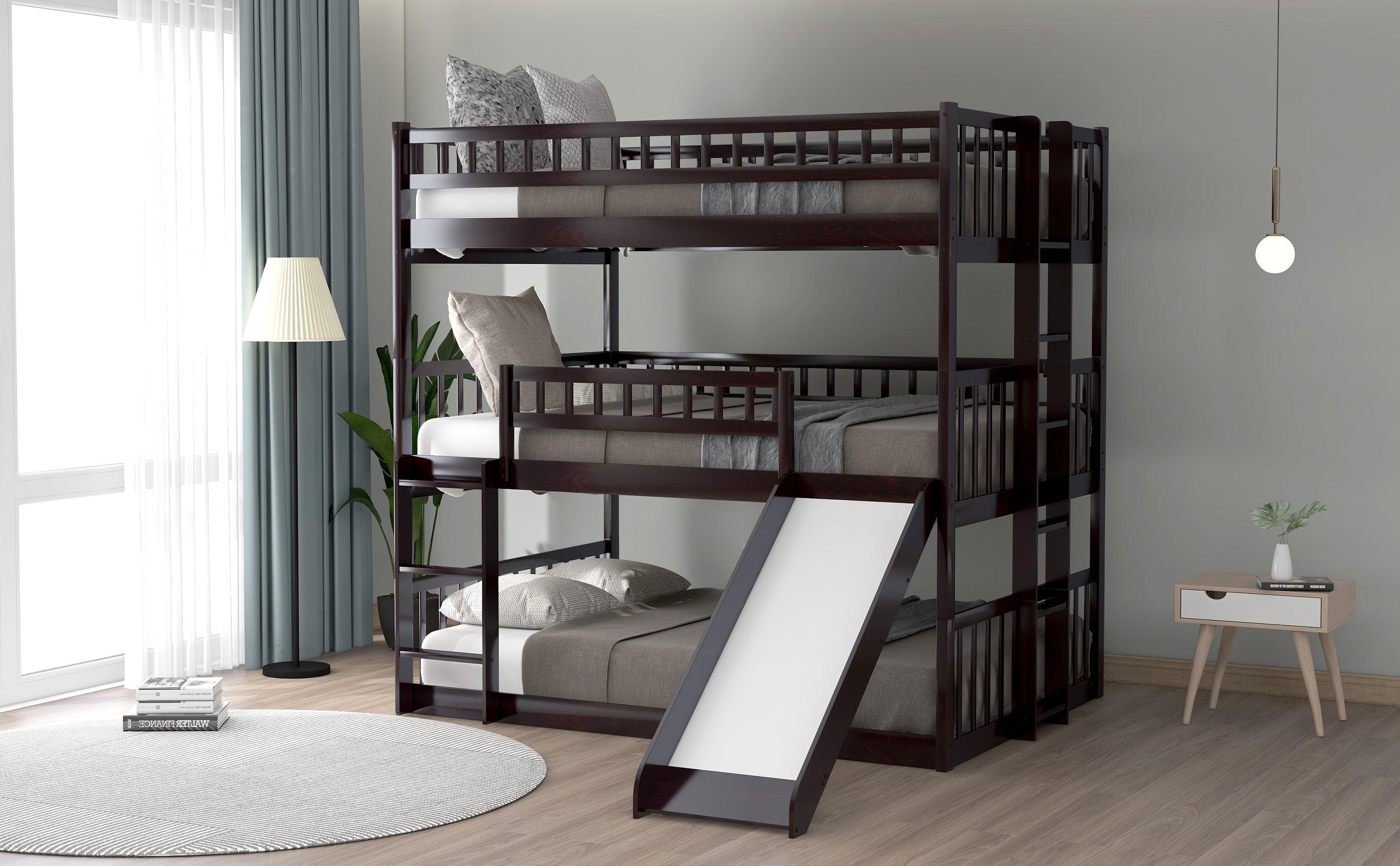 Full Over Full Over Full Triple Bunk Bed with Built-in Ladder and Slide - Espresso