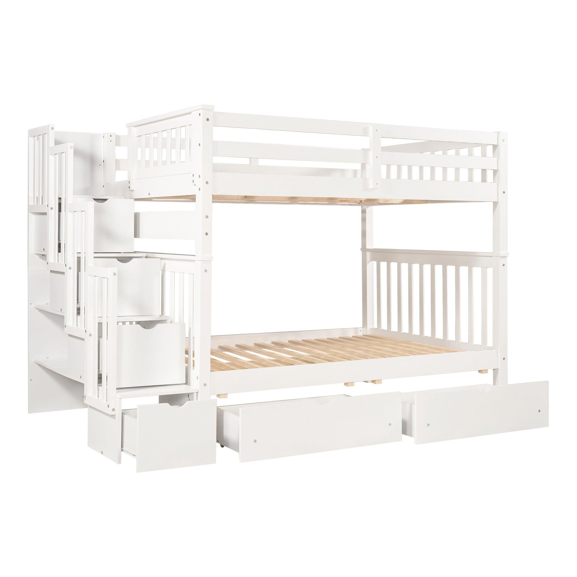 Full over Full Bunk Bed with Shelves and 6Storage Drawers - White