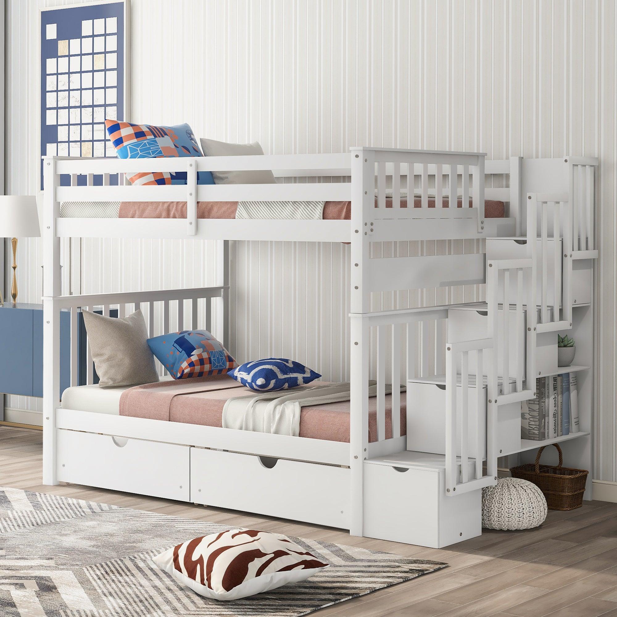 Full over Full Bunk Bed with Shelves and 6Storage Drawers - White