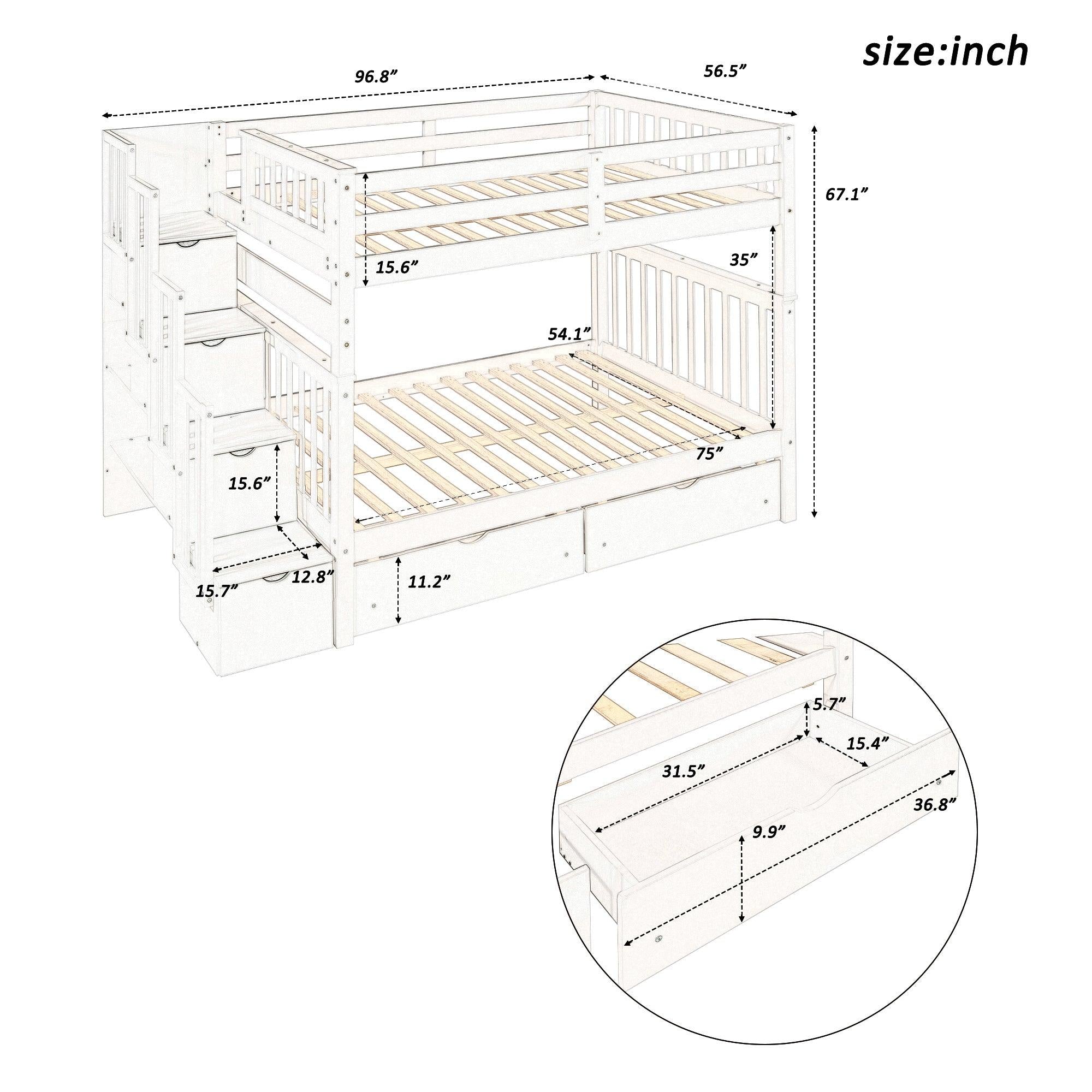 Full over Full Bunk Bed with Shelves and 6Storage Drawers - Gray