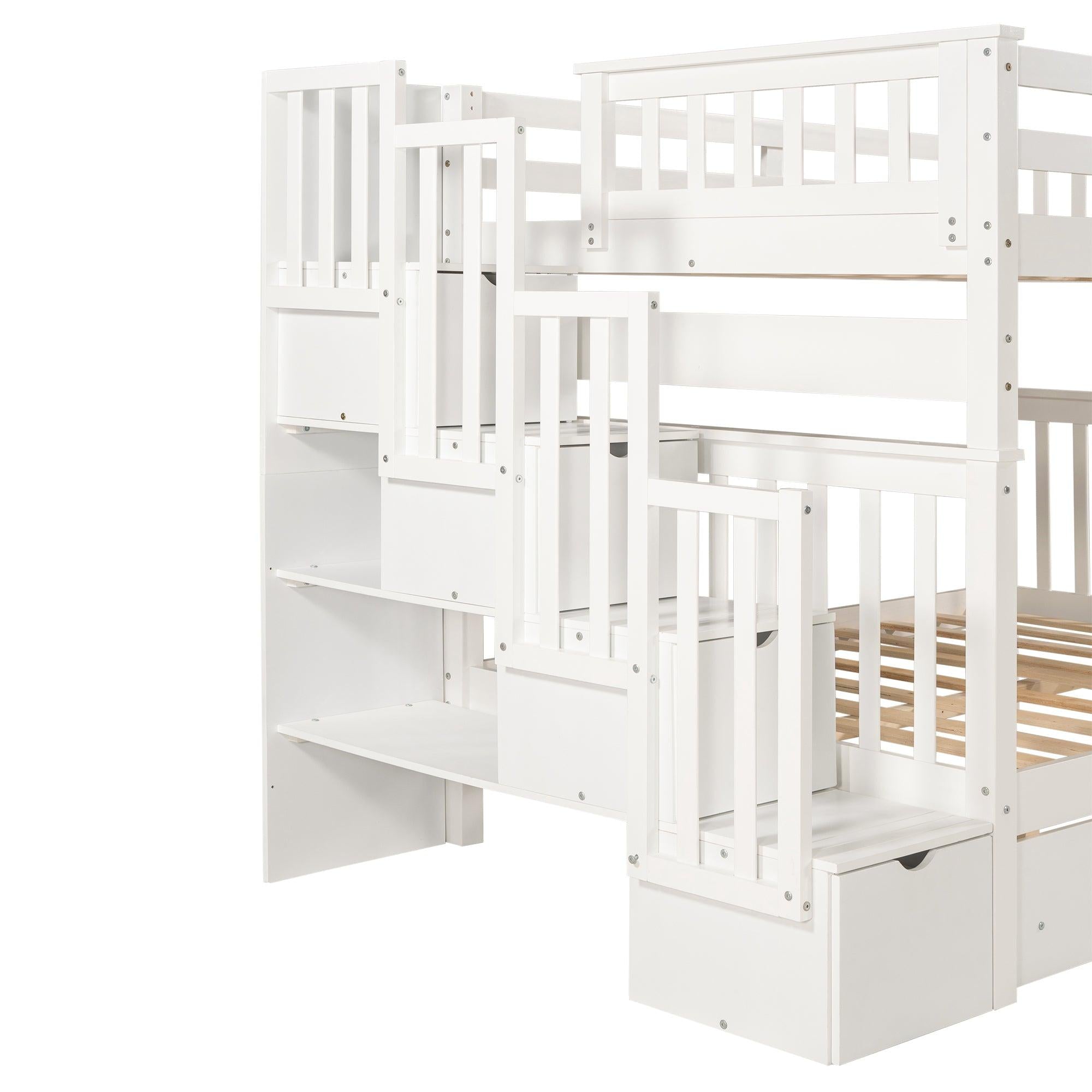 Full over Full Bunk Bed with Shelves and 6Storage Drawers - White