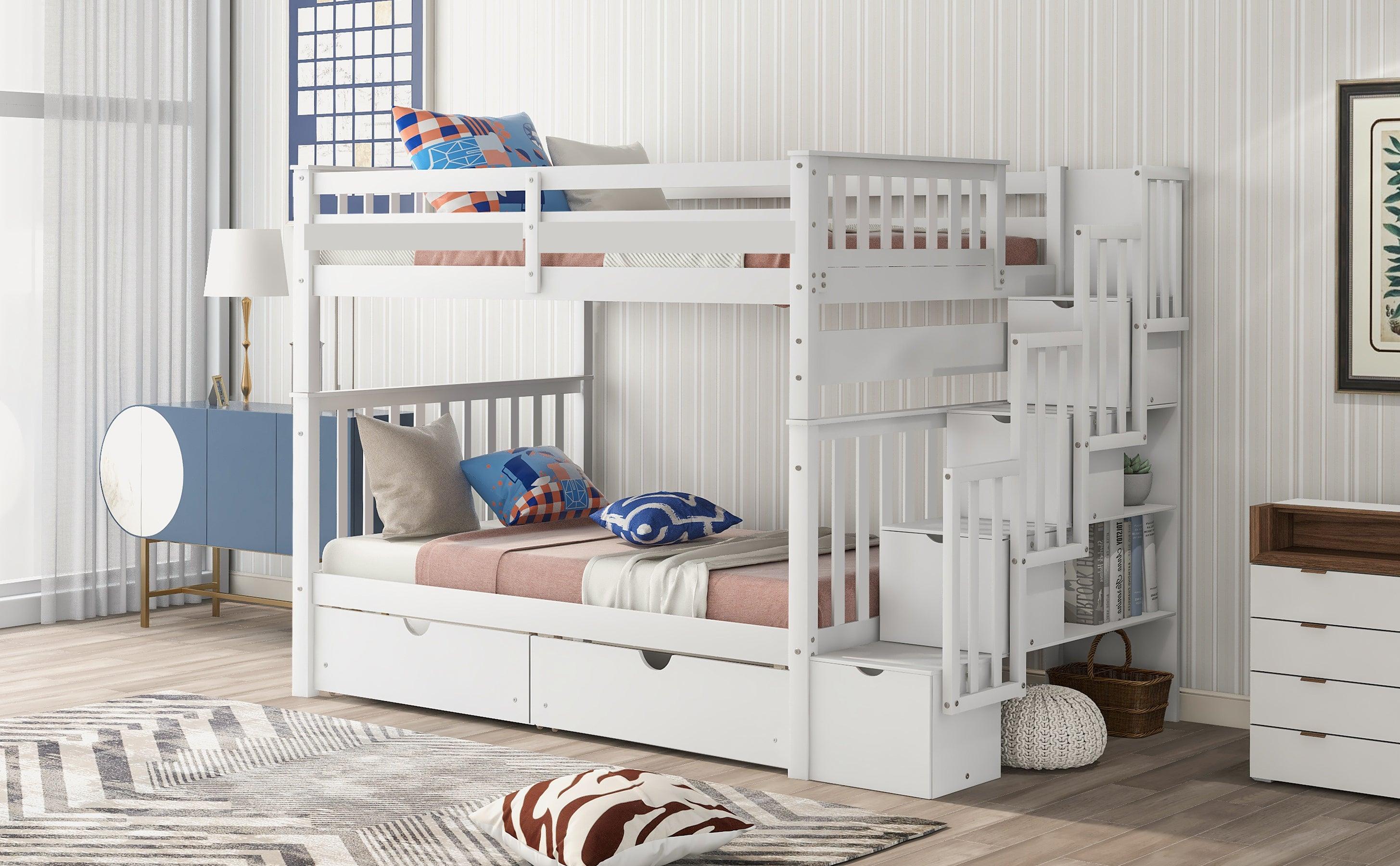 Full over Full Bunk Bed with Shelves and 6Storage Drawers - White