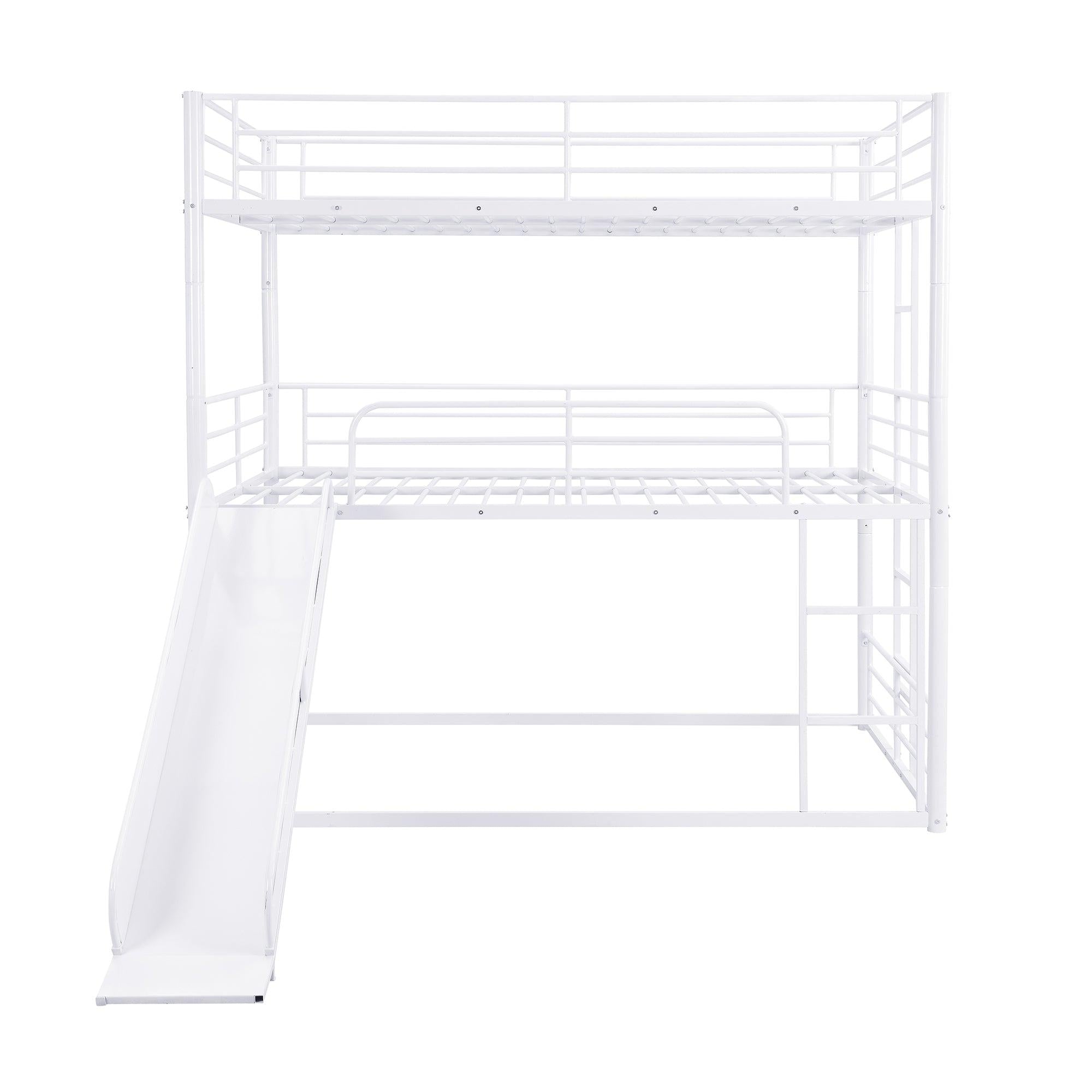 Full Size Convertible Metal Bunk Bed with Ladders and Slide - White