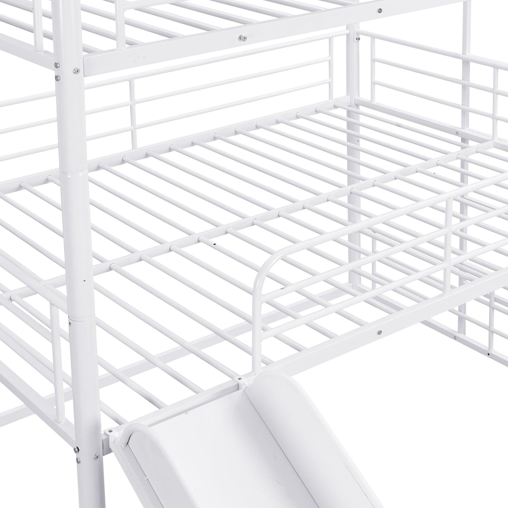 Full Size Convertible Metal Bunk Bed with Ladders and Slide - White