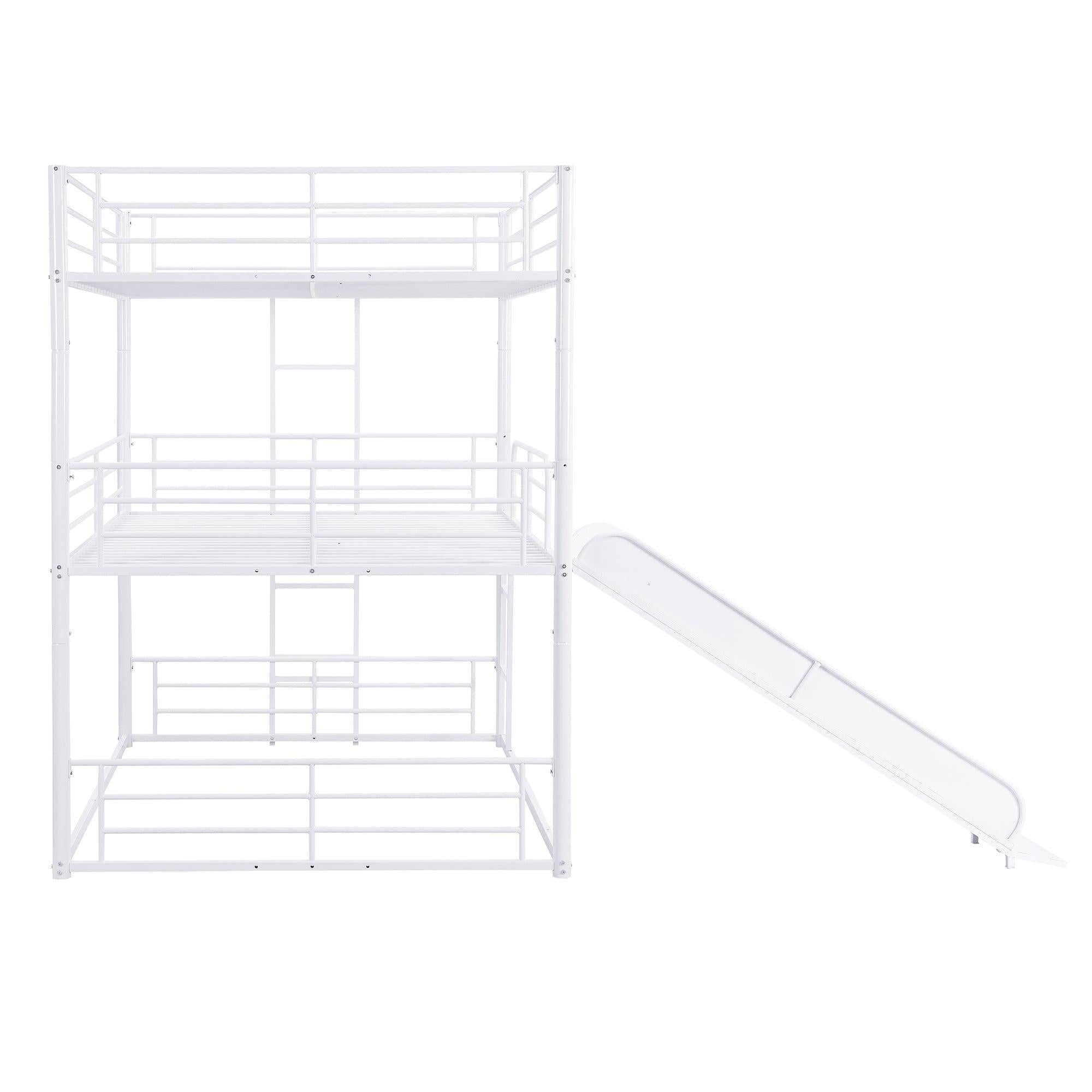 Full Size Convertible Metal Bunk Bed with Ladders and Slide - White