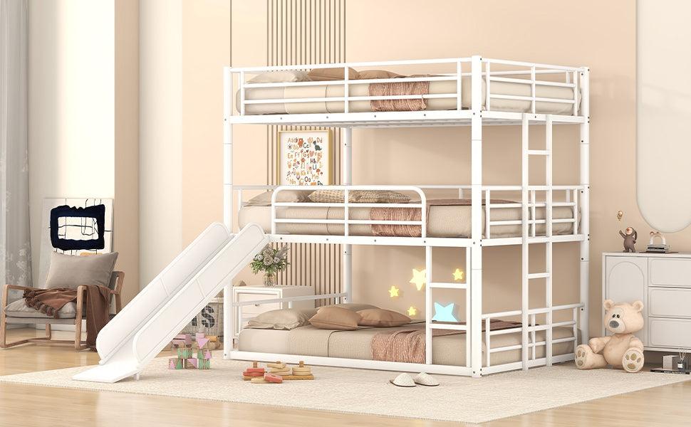 Full Size Convertible Metal Bunk Bed with Ladders and Slide - White