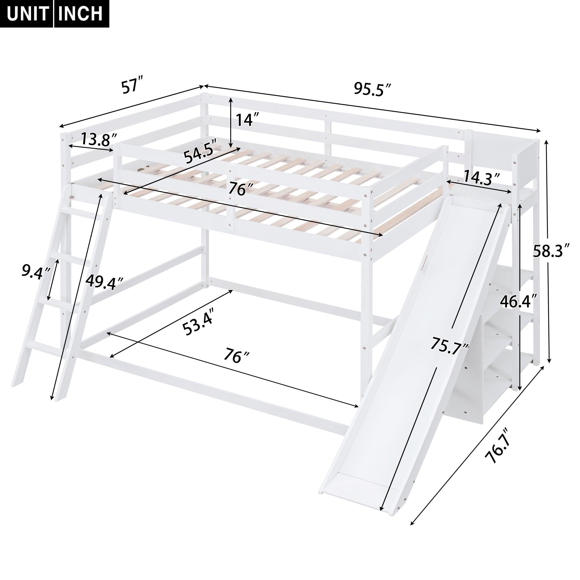 Full over Full Low Bunk Bed with Ladder, Slide and Shelves - White