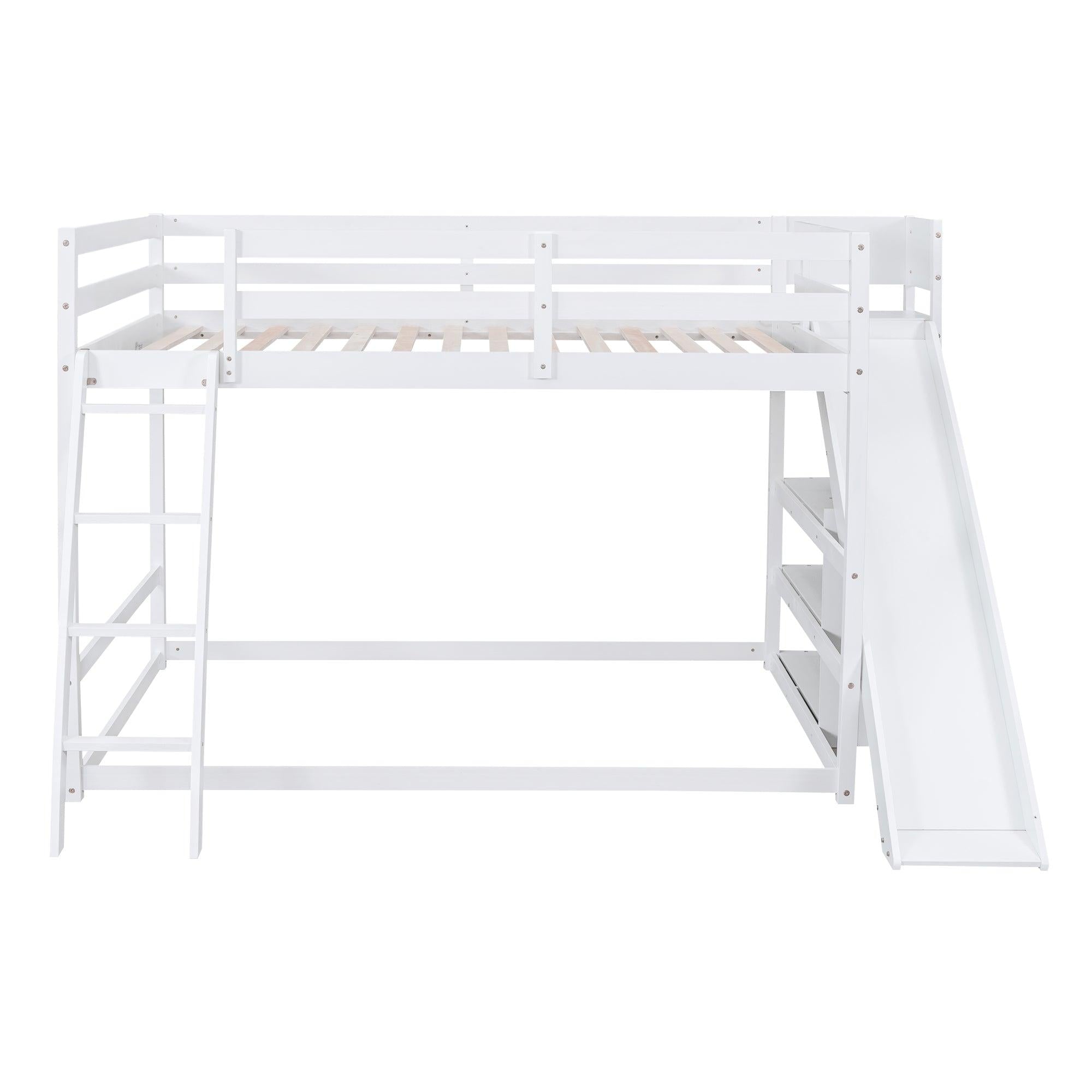 Full over Full Low Bunk Bed with Ladder, Slide and Shelves - White