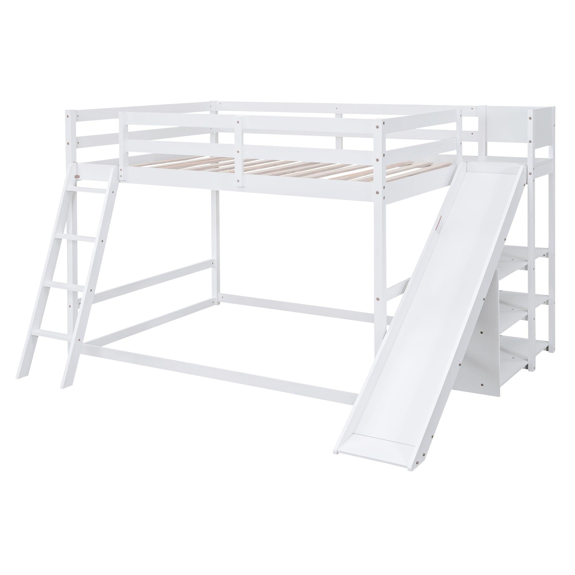 Full over Full Low Bunk Bed with Ladder, Slide and Shelves - White