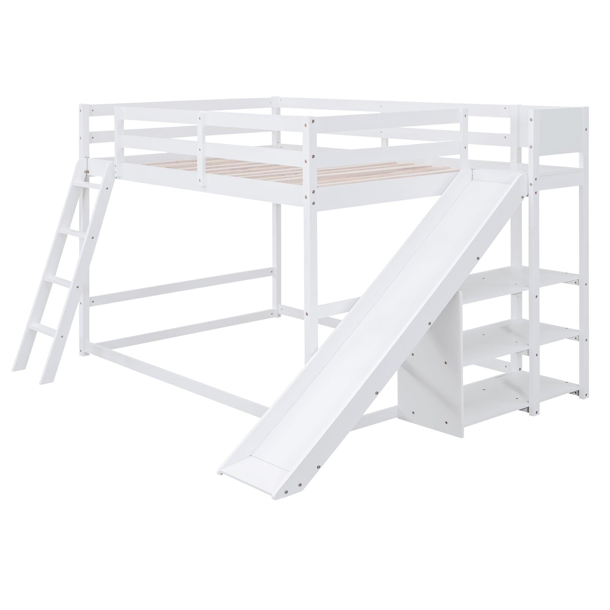 Full over Full Low Bunk Bed with Ladder, Slide and Shelves - White