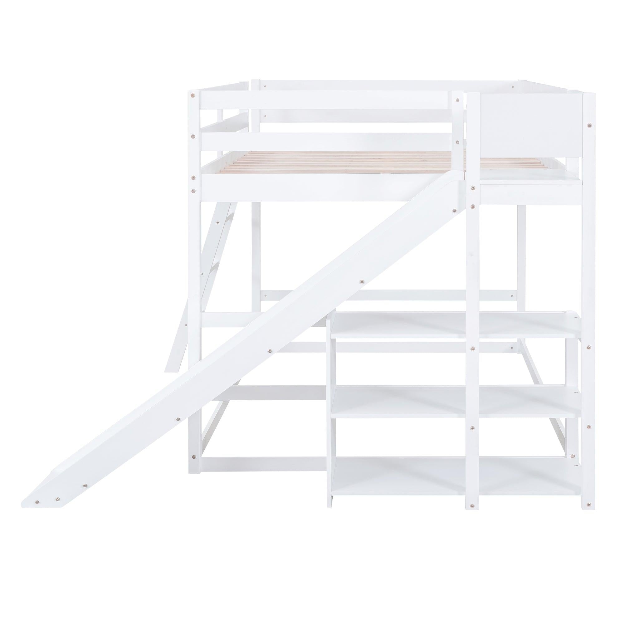 Full over Full Low Bunk Bed with Ladder, Slide and Shelves - White