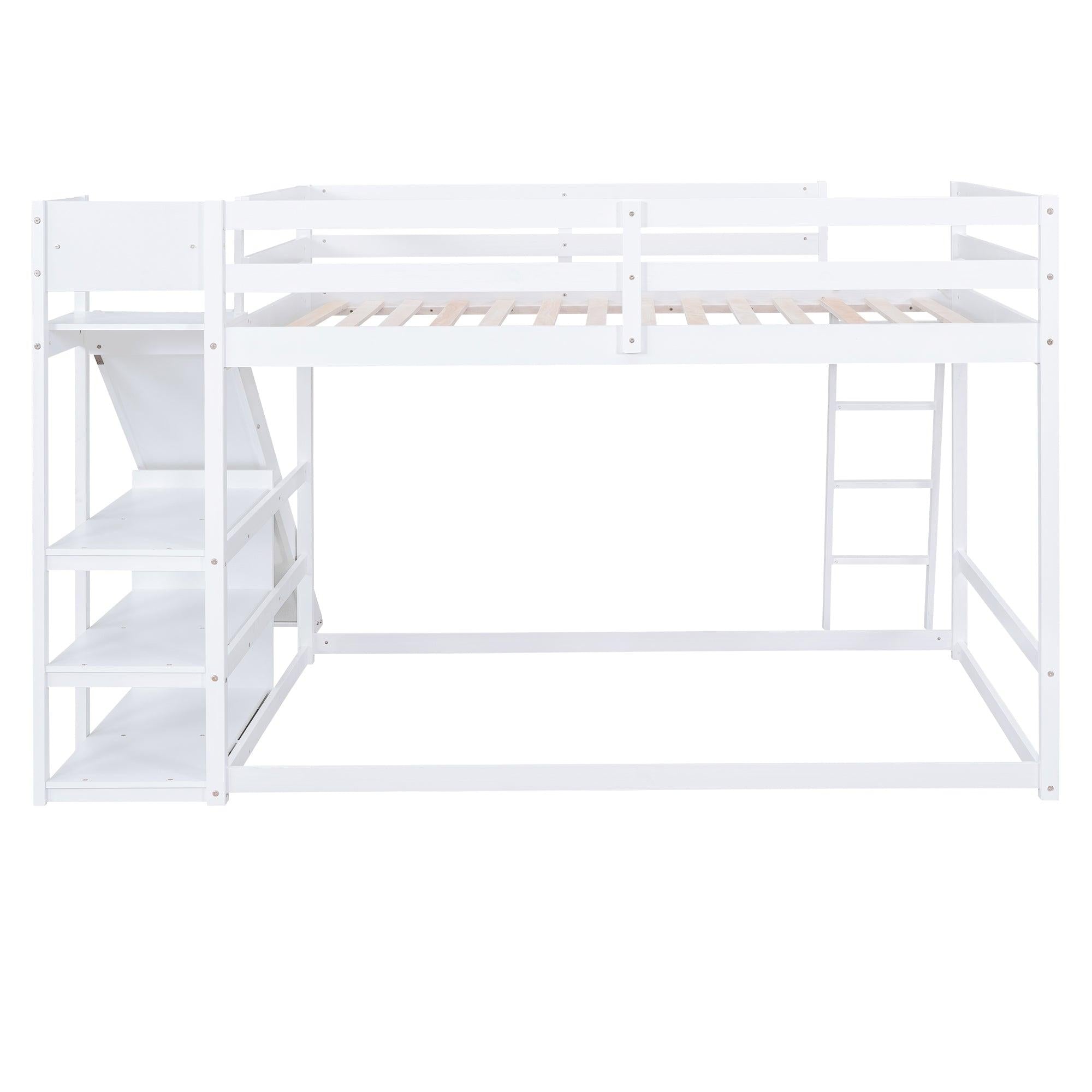 Full over Full Low Bunk Bed with Ladder, Slide and Shelves - White