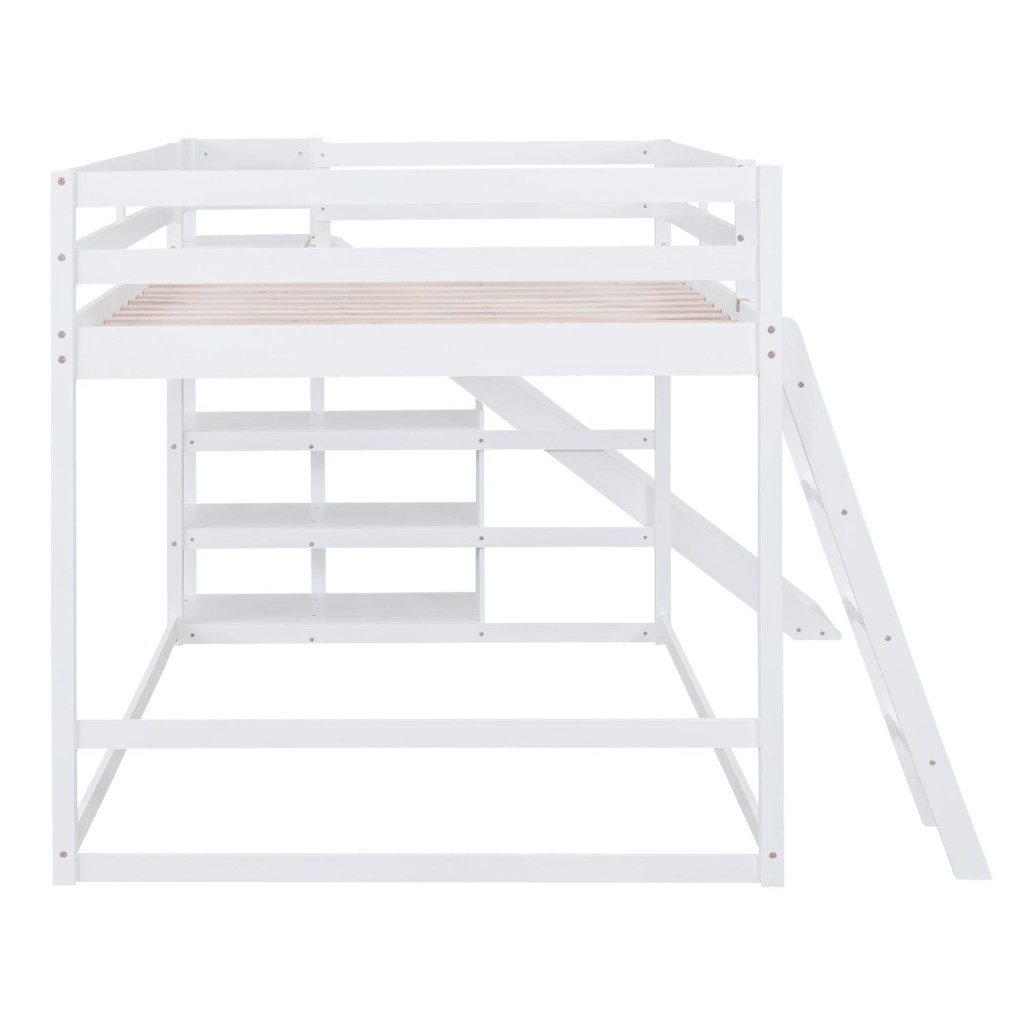 Full over Full Low Bunk Bed with Ladder, Slide and Shelves - White