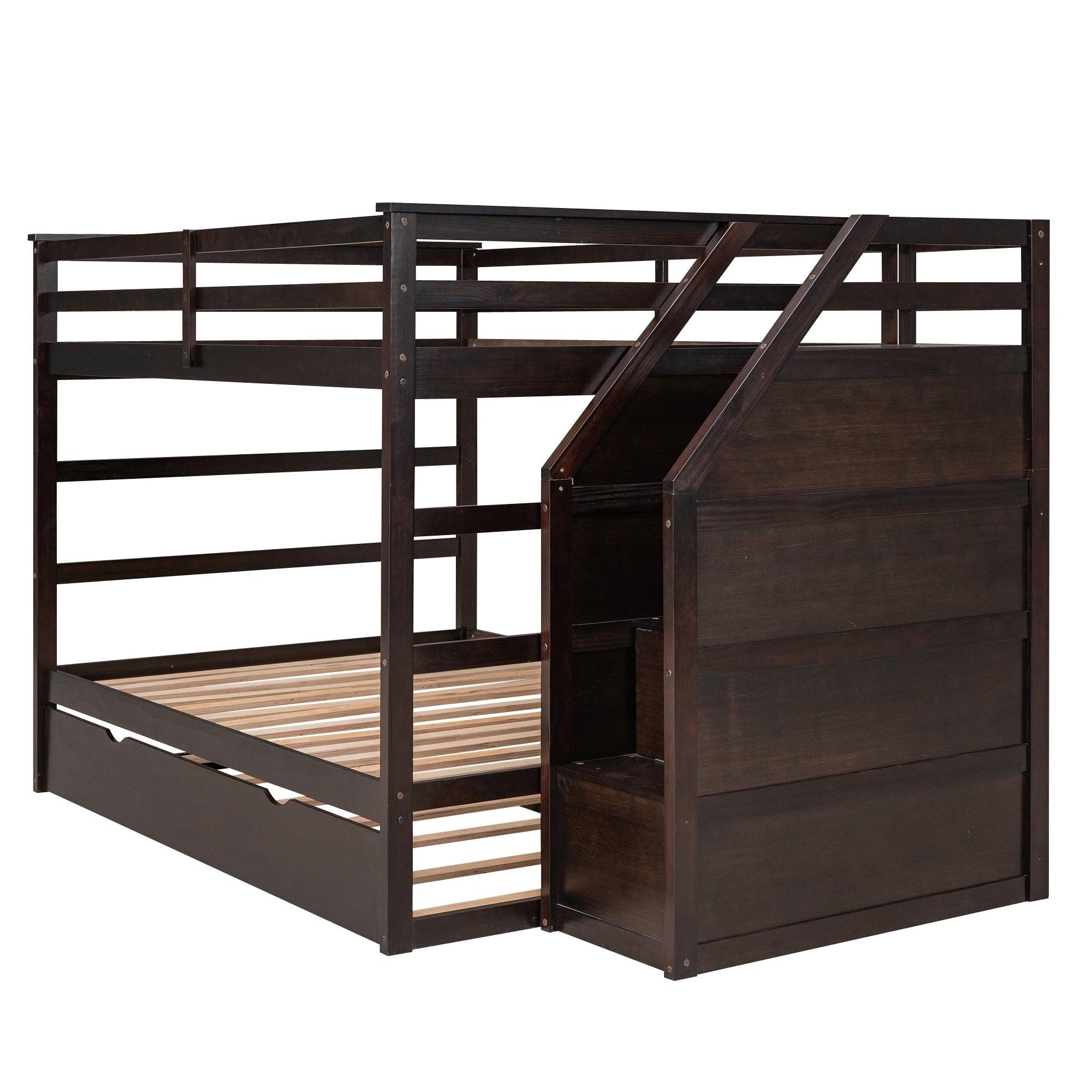 Full over Full Bunk Bed withStorage Staircase and Twin Size Trundle Bed - Espresso