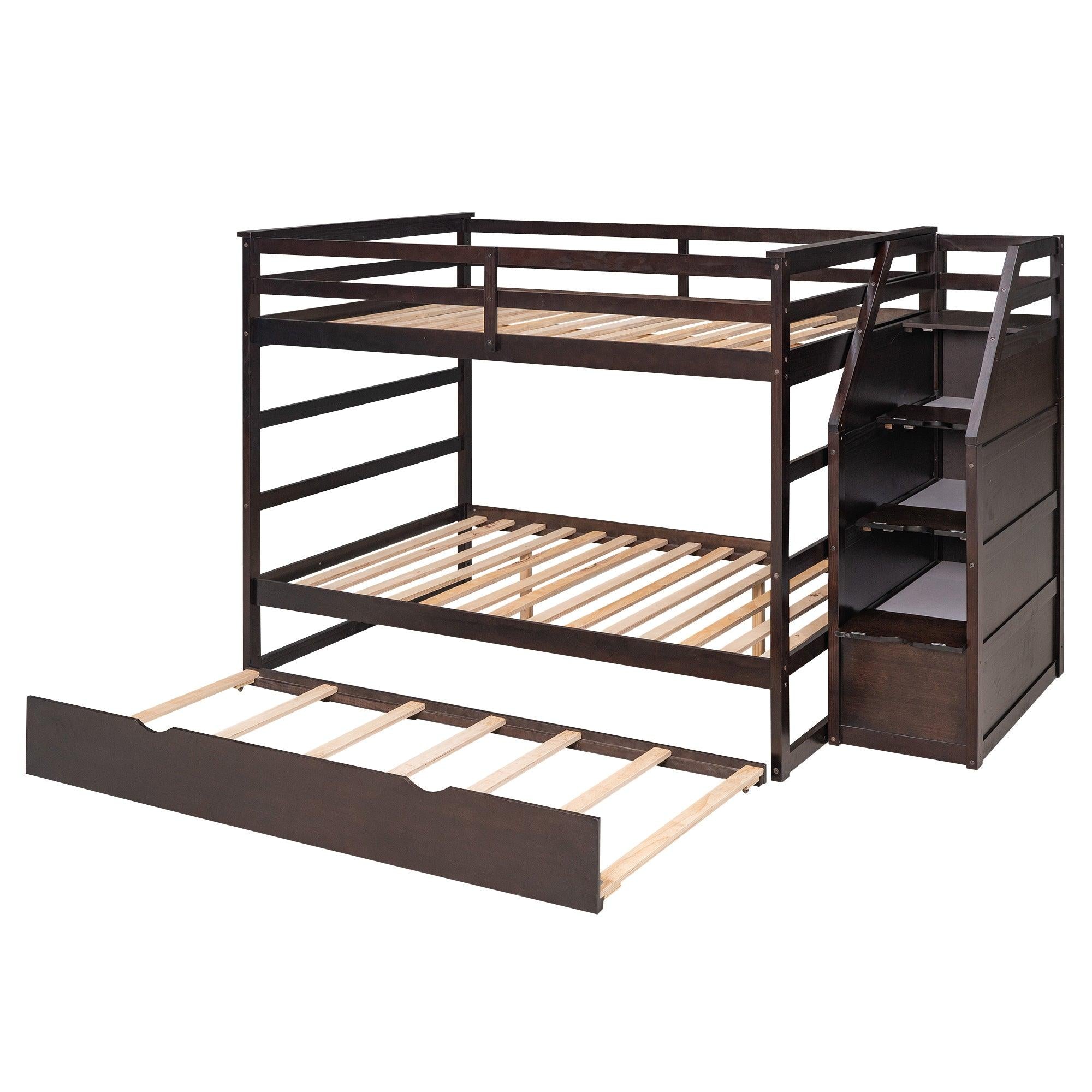 Full over Full Bunk Bed withStorage Staircase and Twin Size Trundle Bed - Espresso