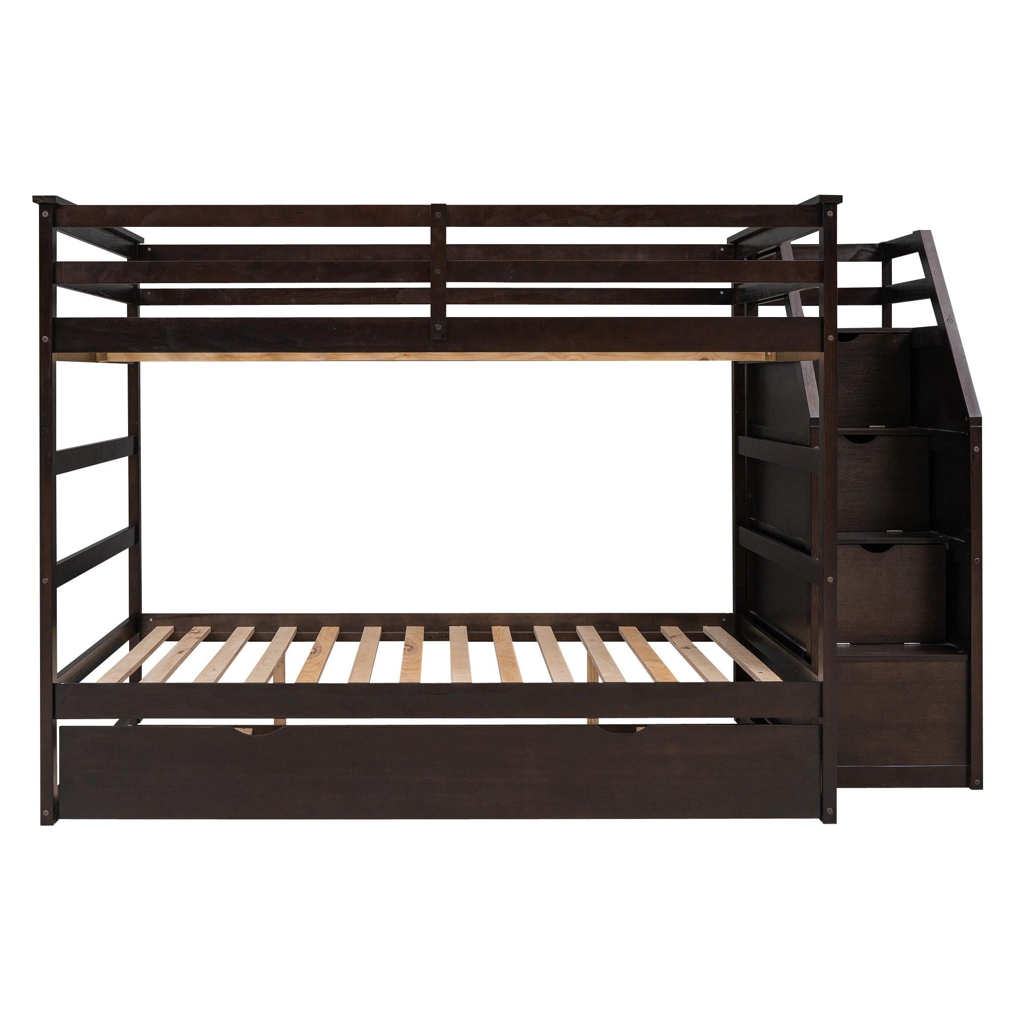 Full over Full Bunk Bed withStorage Staircase and Twin Size Trundle Bed - Espresso