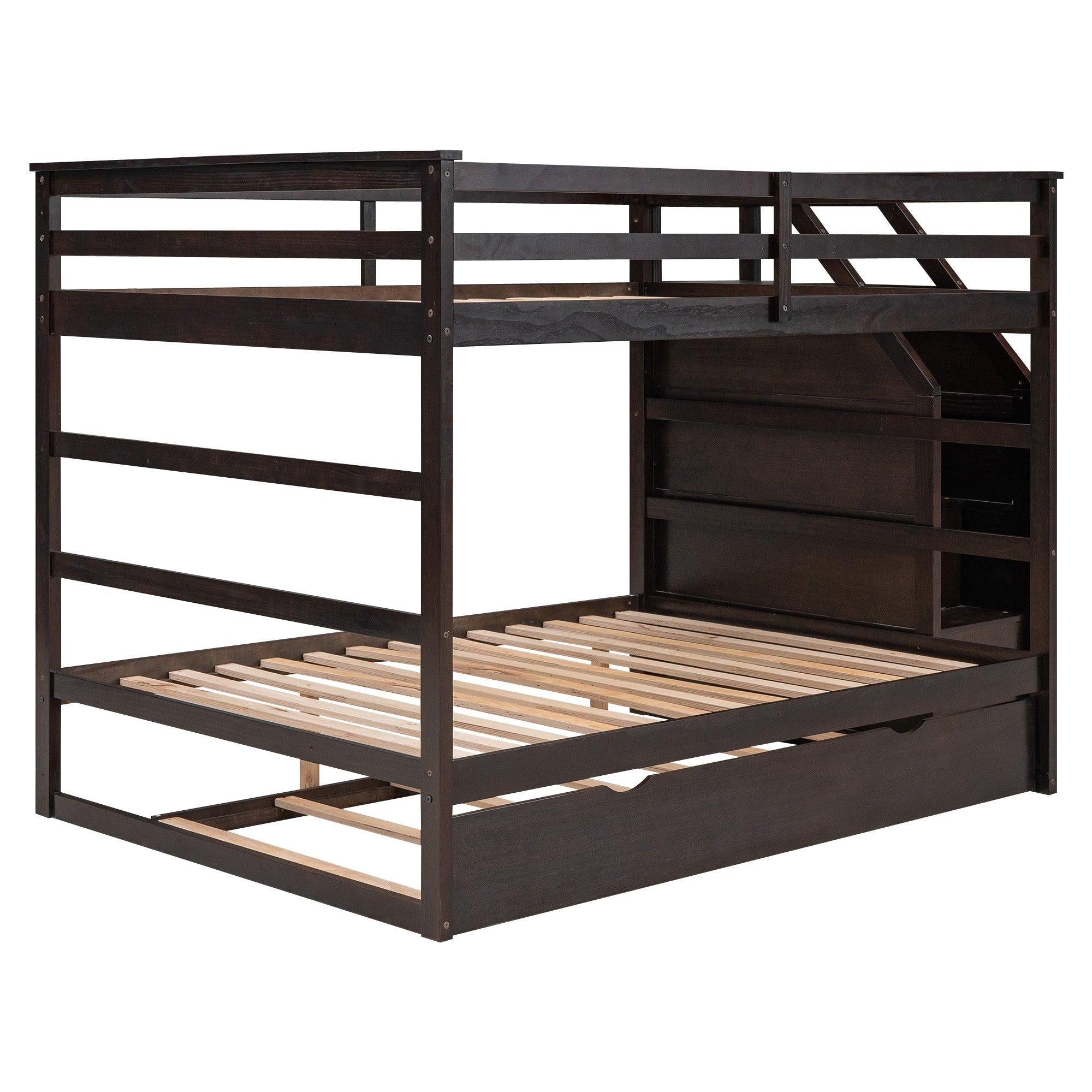 Full over Full Bunk Bed withStorage Staircase and Twin Size Trundle Bed - Espresso