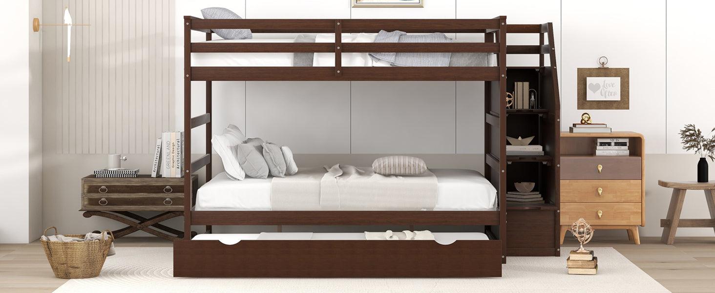 Full over Full Bunk Bed withStorage Staircase and Twin Size Trundle Bed - Espresso