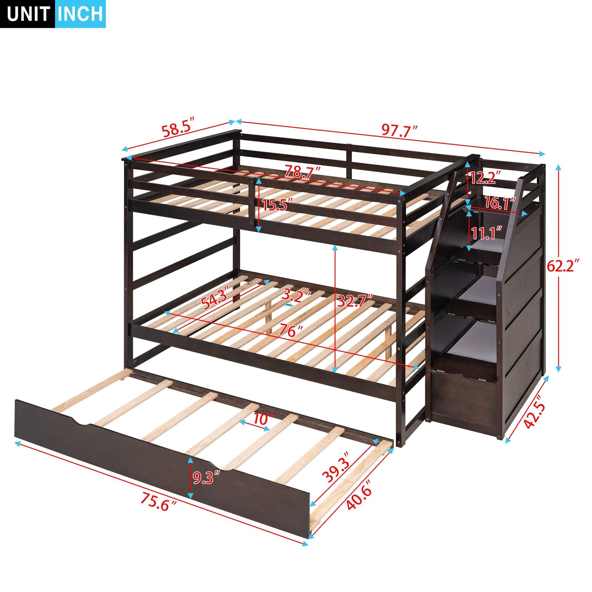 Full over Full Bunk Bed withStorage Staircase and Twin Size Trundle Bed - Espresso