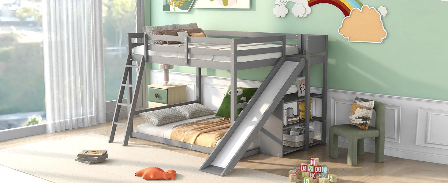 Full over Full Low Bunk Bed with Ladder, Slide and Shelves - Gray