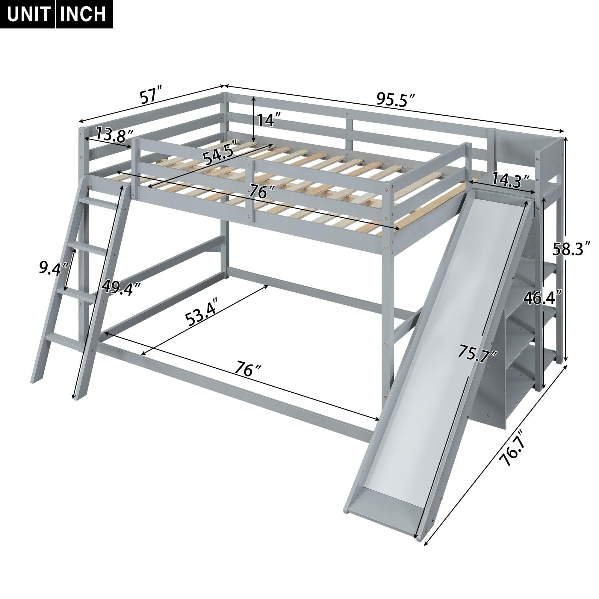 Full over Full Low Bunk Bed with Ladder, Slide and Shelves - Gray