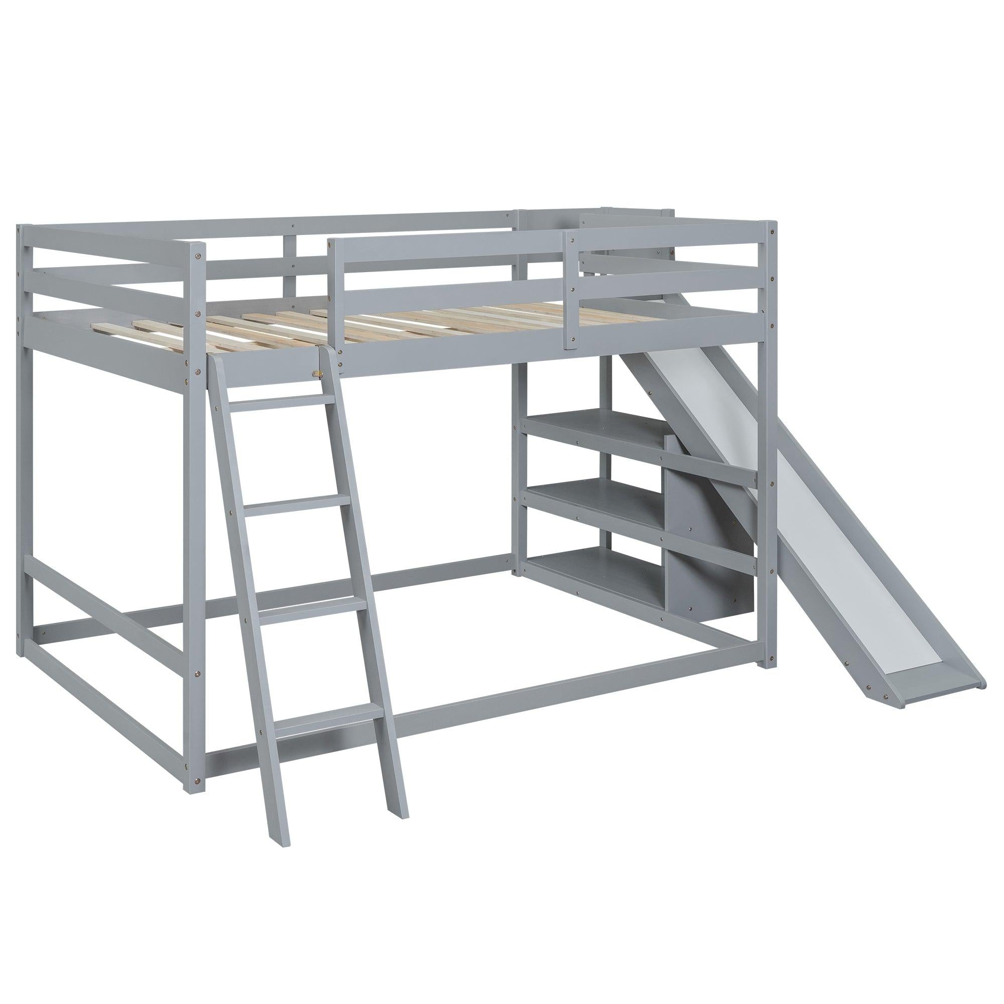 Full over Full Low Bunk Bed with Ladder, Slide and Shelves - Gray