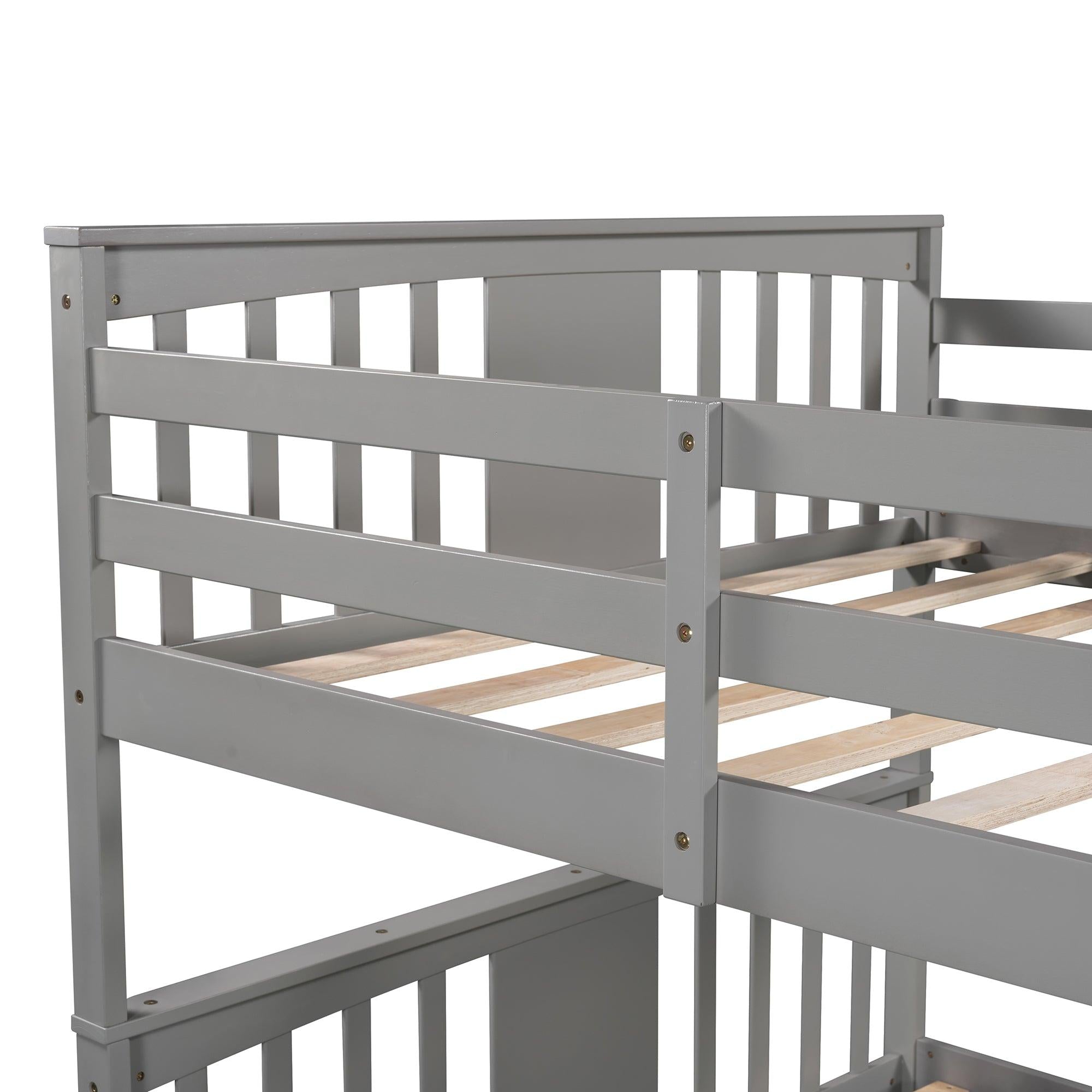 Full over Full Bunk Bed with Drawers and Ladder - Gray