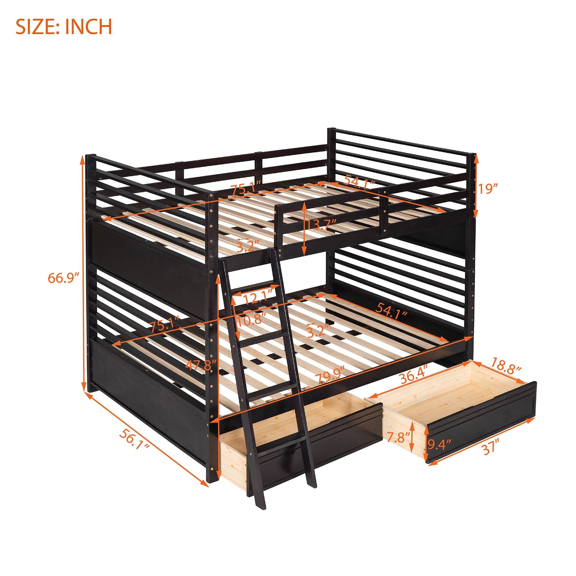 Full over Full Bunk Bed with Drawers, Ladder, Head and Footboard - Espresso