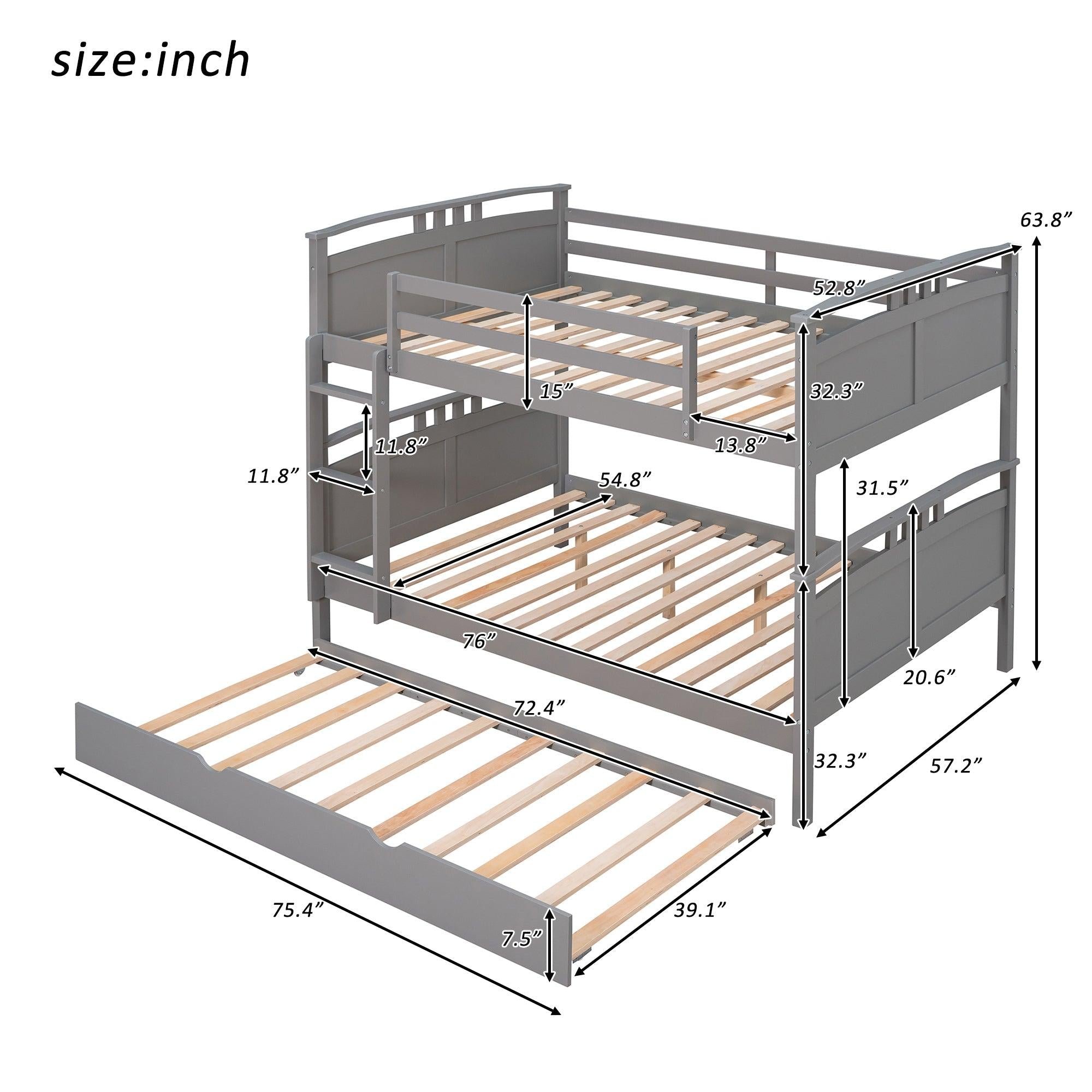 Full Over Full Convertible Bunk Bed into Beds with Twin Size Trundle - Gray