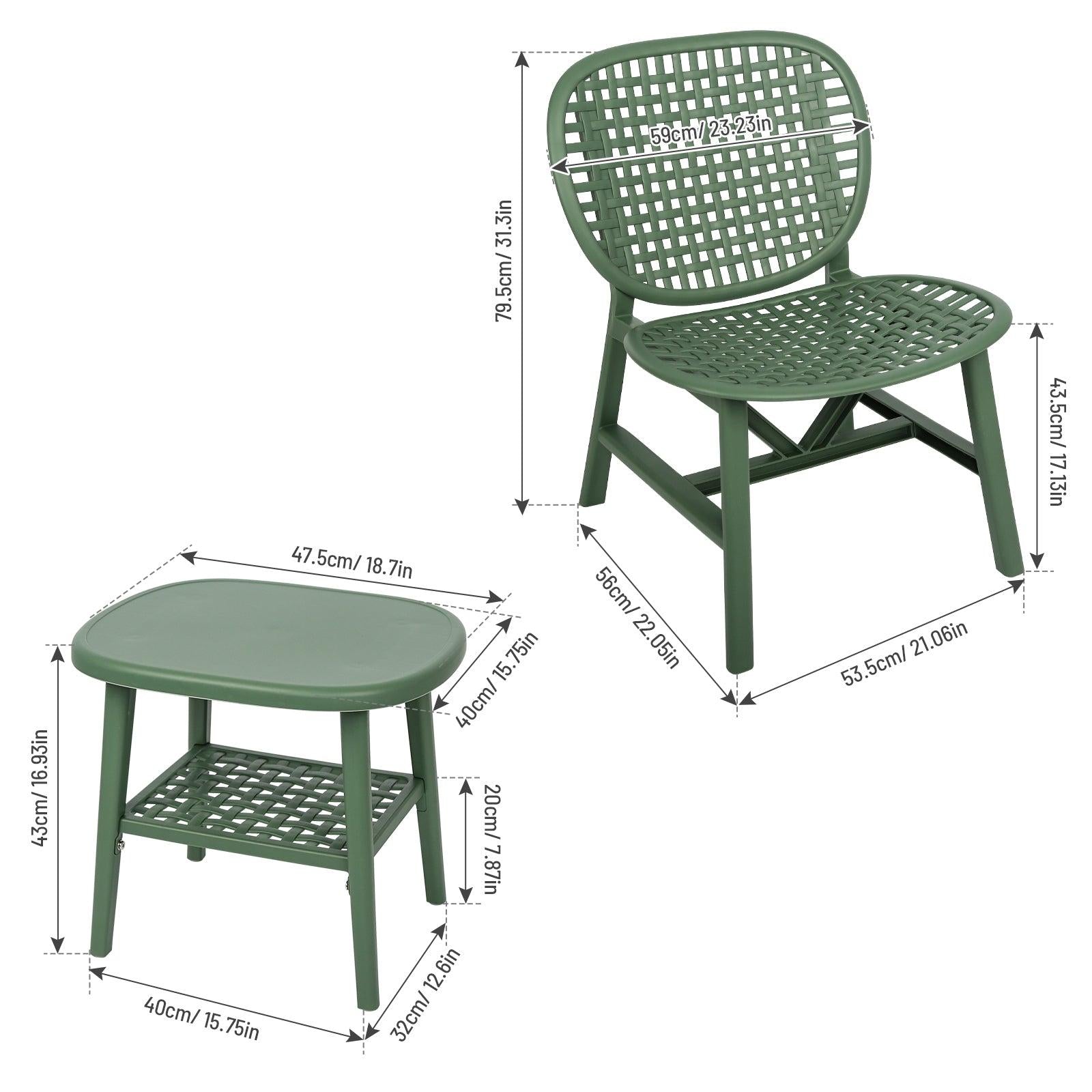 3 PCS Hollow Design Retro Outdoor Patio Tea Table and Chair Set - Green