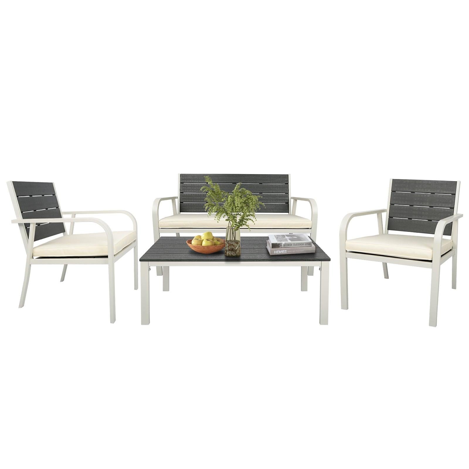 4 PCS Outdoor Patio Conversation Wood Grain Design PE Steel Frame Seating Set - White